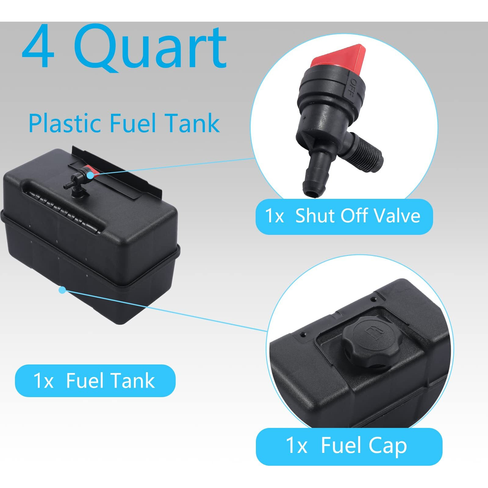 Misakomo 691993 Fuel Tank - 4 Quart Plastic Gas Tank With Shut Off Valve And Cap - Fuel Gas Tank Compatible With Lawn And Garden Equipment Engines - Lawnmower Gas Tank For Remote Mounting