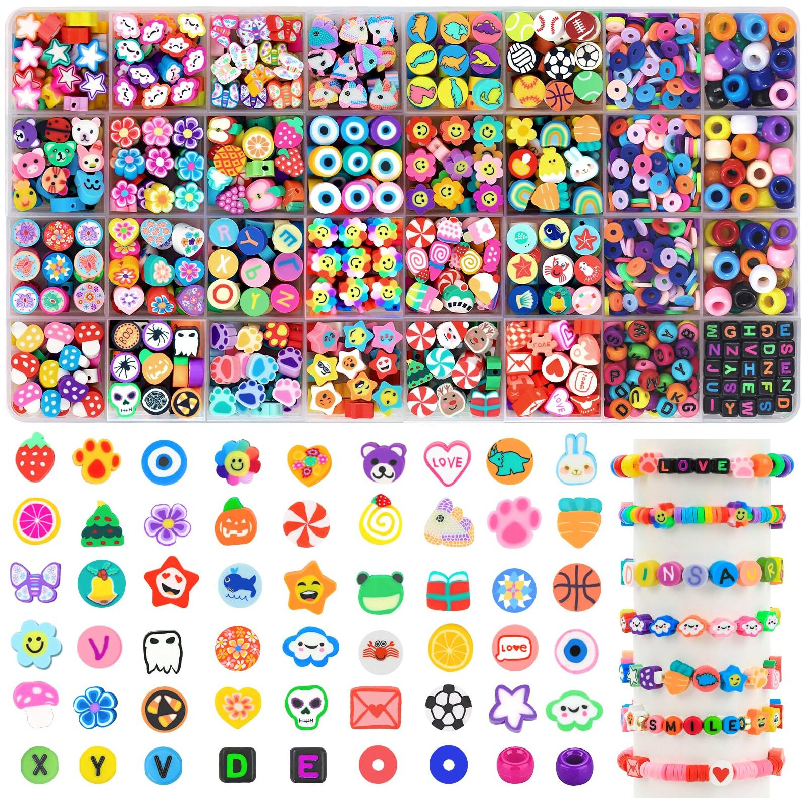 Dulefun 1060Pcs Polymer Clay Beads Charms Kits 28 Styles Cute Fun Clay Beads Charms Flower Butterfly Heart Letter Pony Beads Charms For Women Girls Jewelry Bracelet Necklace Earring Making