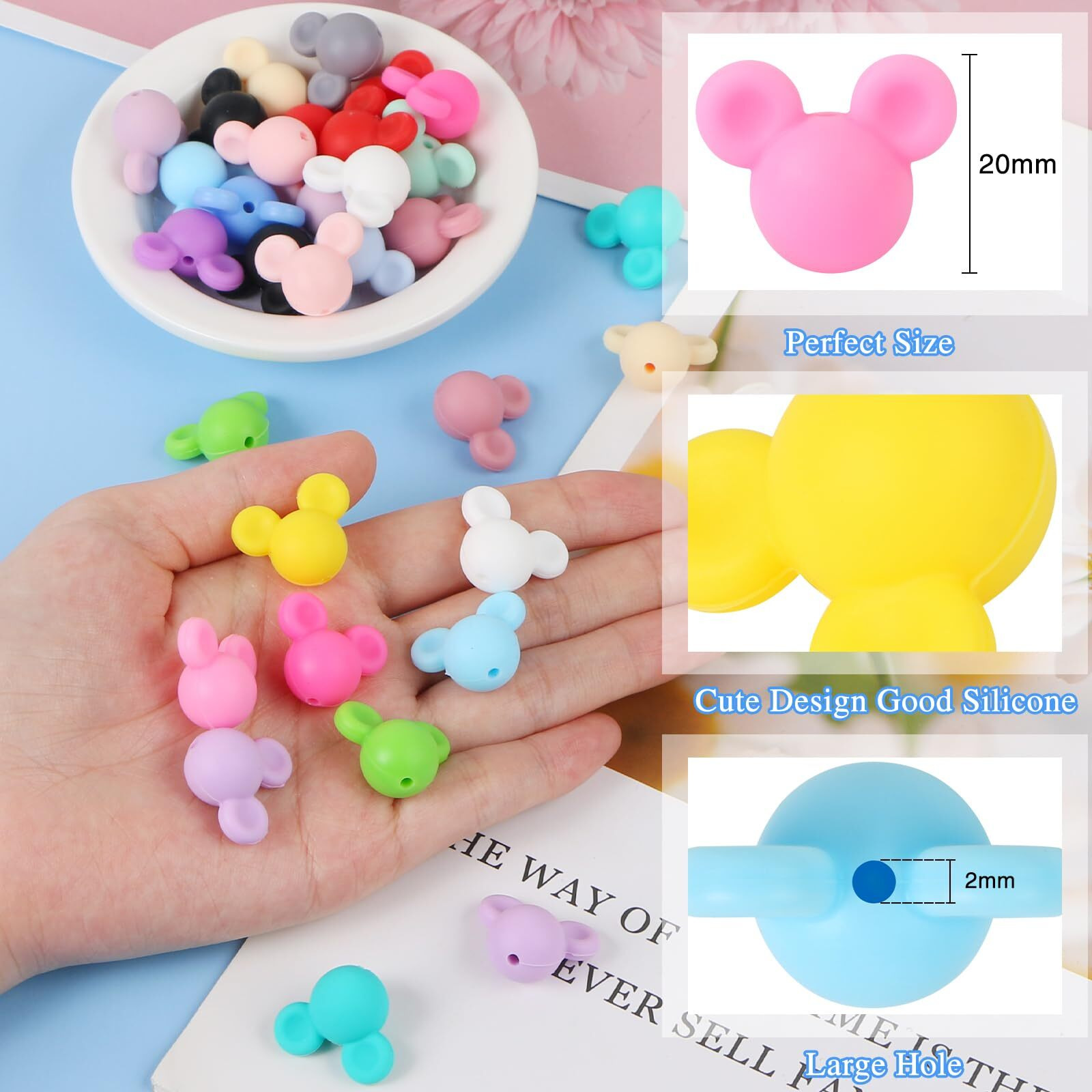 40 Pcs Mouse Head Silicone Beads, Mouse Silicone Focal Beads For Keychain Making, Cute Silicone Beads With Box, Rubber Loose Beads For Pens Crafts Necklace Bracelet Lanyard (Colorful)