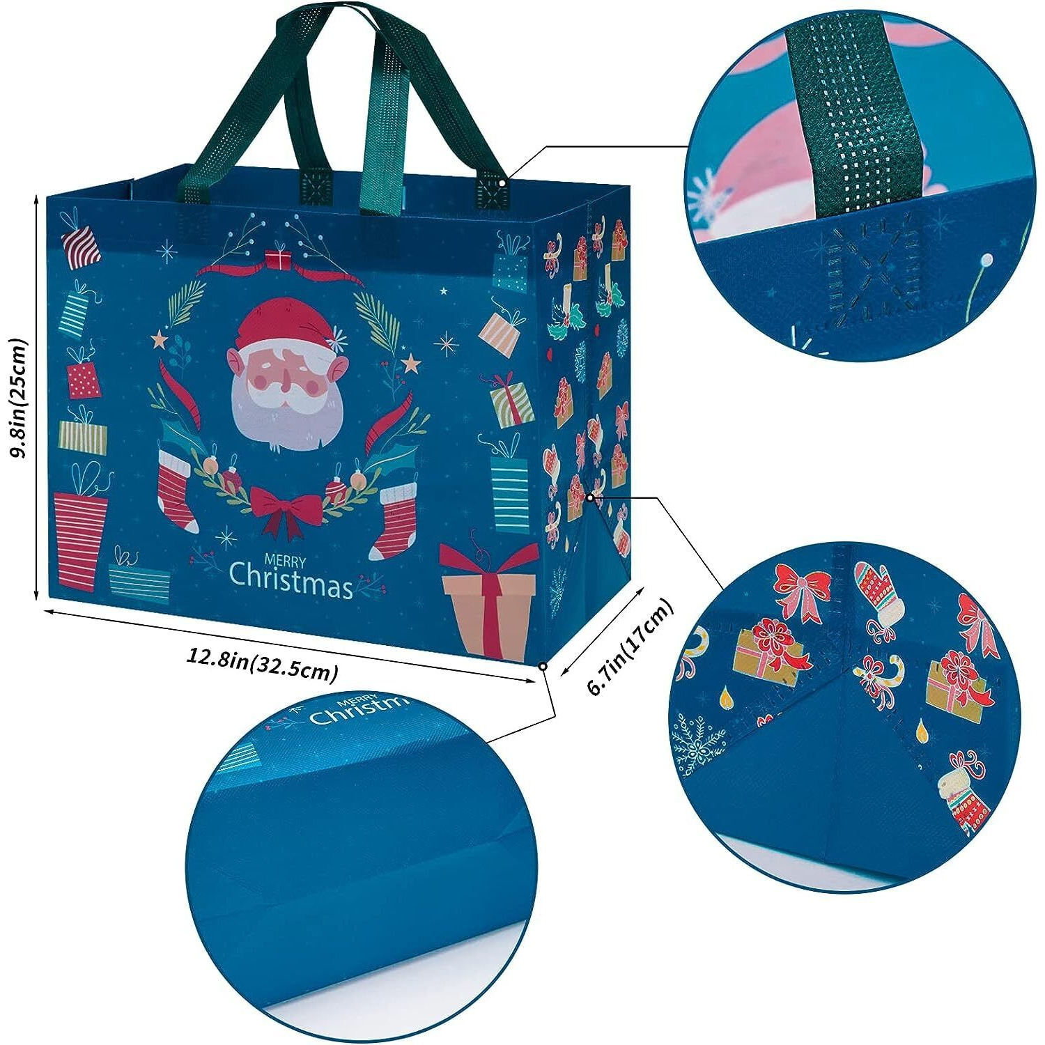 Heetobcos 12 Pack Christmas Gift Bags Large Reusable Christmas Tote Bags, Non-Woven Christmas Bags For New Year's Shopping, Christmas Surprise, Xmas Party Supplies,12.8""  9.8""  6.7""
