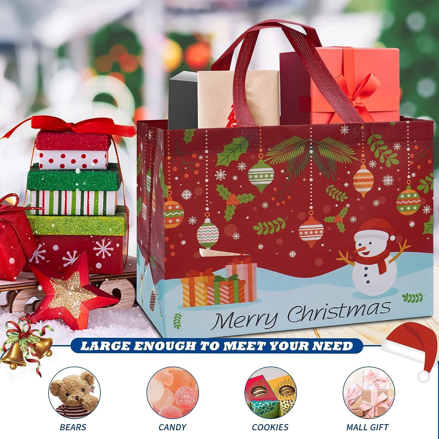 Heetobcos 12 Pack Christmas Gift Bags Large Reusable Christmas Tote Bags, Non-Woven Christmas Bags For New Year's Shopping, Christmas Surprise, Xmas Party Supplies,12.8""  9.8""  6.7""