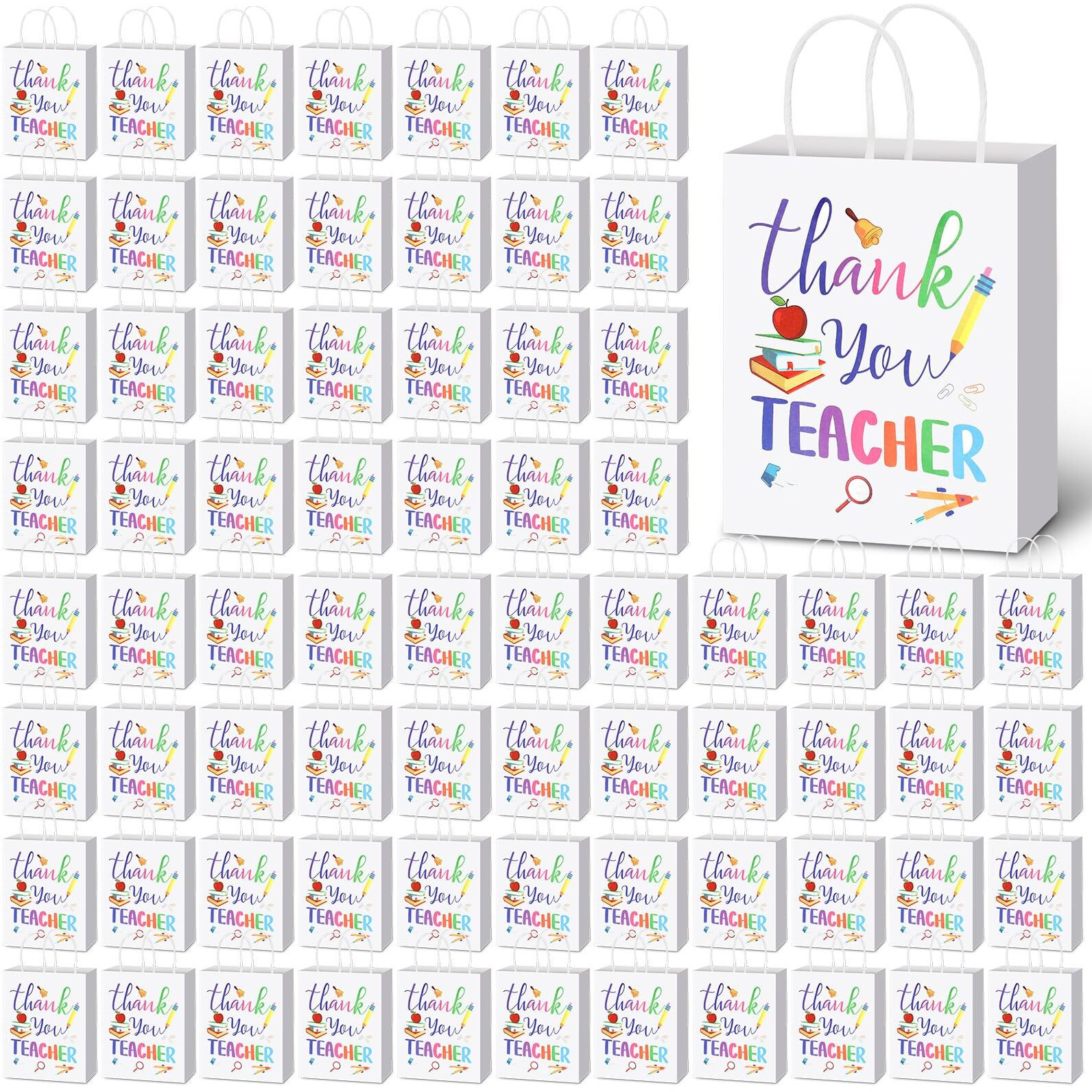Teling 100 Pcs Teacher Appreciation Gift Bags With Handles Thank You Teacher Treat Goodie Gift Bag Bulk For Teachers Appreciation Graduation Party Decor, 5.9 X 8.3 X 3.2 Inches