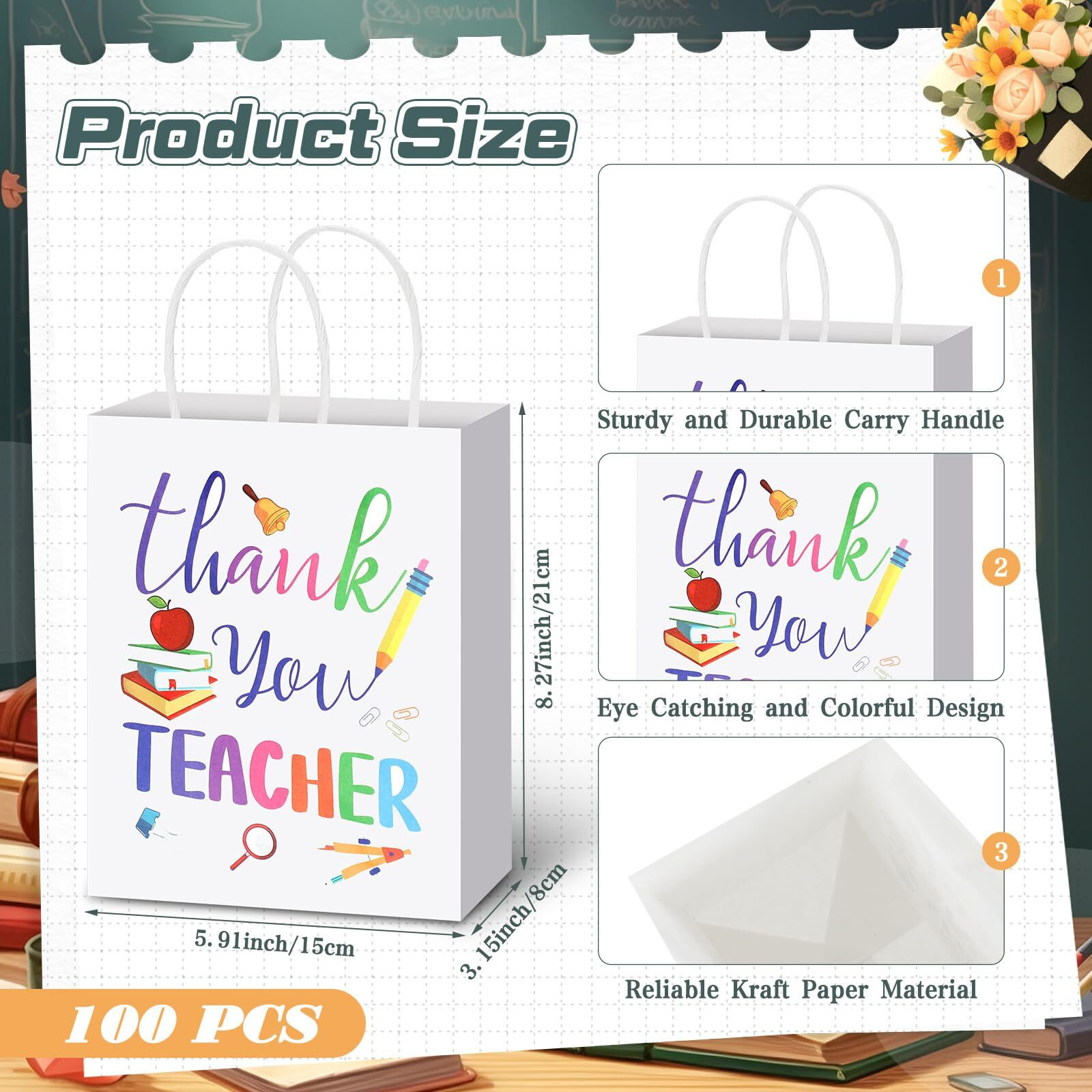 Teling 100 Pcs Teacher Appreciation Gift Bags With Handles Thank You Teacher Treat Goodie Gift Bag Bulk For Teachers Appreciation Graduation Party Decor, 5.9 X 8.3 X 3.2 Inches