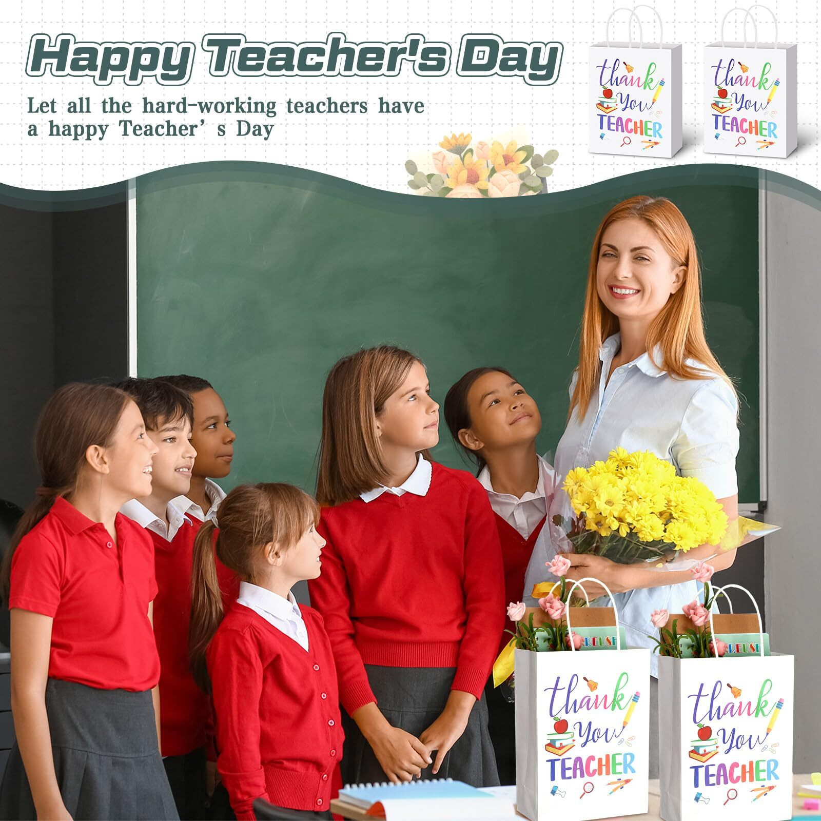 Teling 100 Pcs Teacher Appreciation Gift Bags With Handles Thank You Teacher Treat Goodie Gift Bag Bulk For Teachers Appreciation Graduation Party Decor, 5.9 X 8.3 X 3.2 Inches