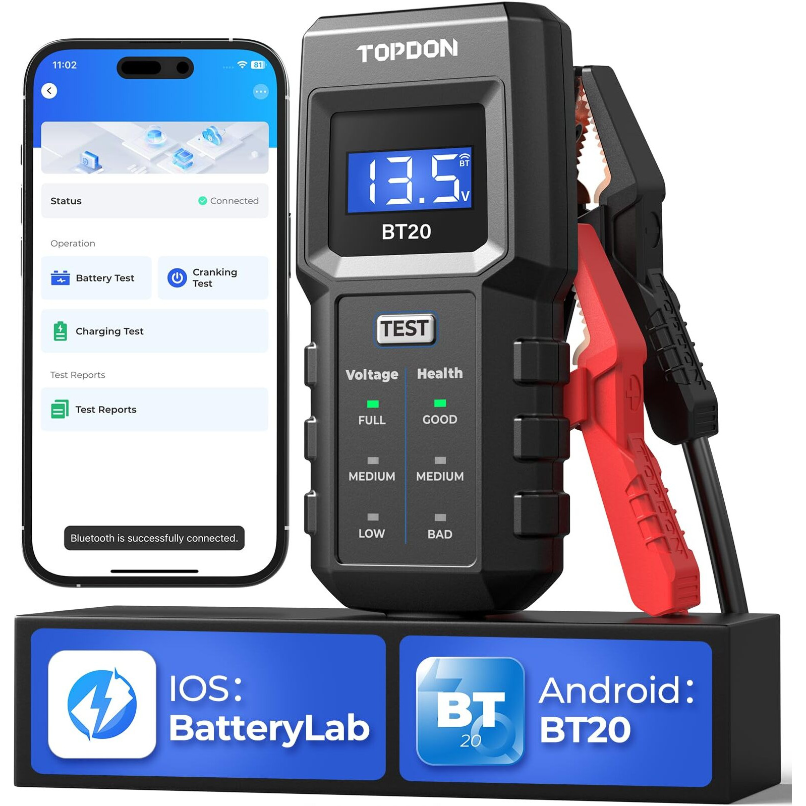 12V Car Battery Tester, Topdon Bt20 Battery Load Tester 100-2000Cca, Cranking&Charging Test Via App, Record Voltage History, Automotive Battery Analyzer&Checker For Car Truck Suv Boat