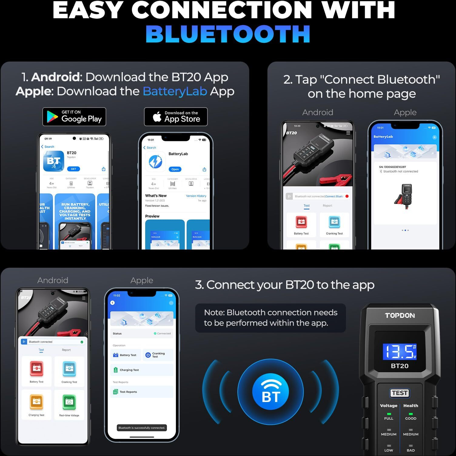 12V Car Battery Tester, Topdon Bt20 Battery Load Tester 100-2000Cca, Cranking&Charging Test Via App, Record Voltage History, Automotive Battery Analyzer&Checker For Car Truck Suv Boat