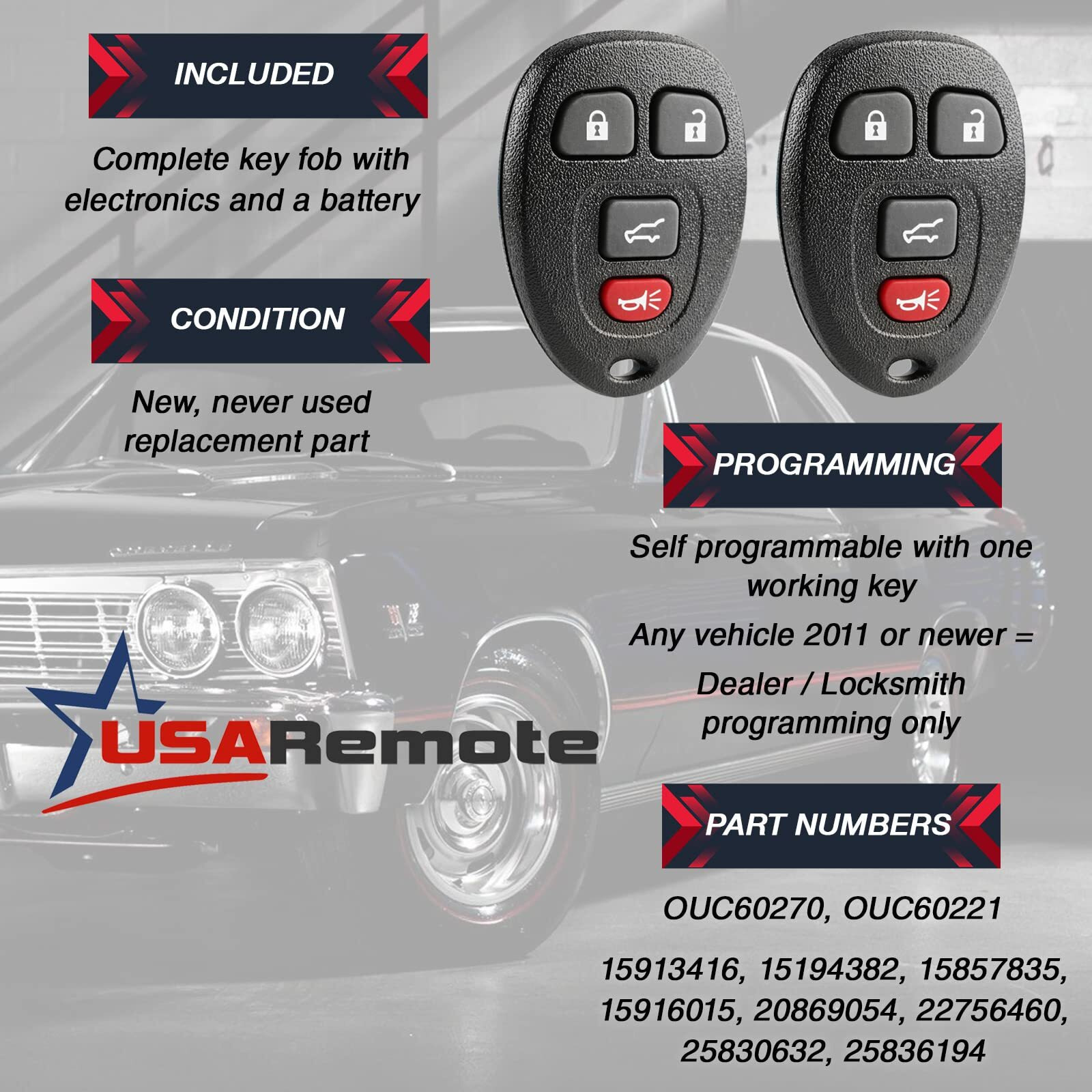 Car Key Fob Keyless Entry Remote With Ignition Key Fits Chevy Suburban Tahoe Traverse/Gmc Acadia Yukon/Cadillac Escalade Srx/Buick Enclave/Saturn Outlook, Set Of 2