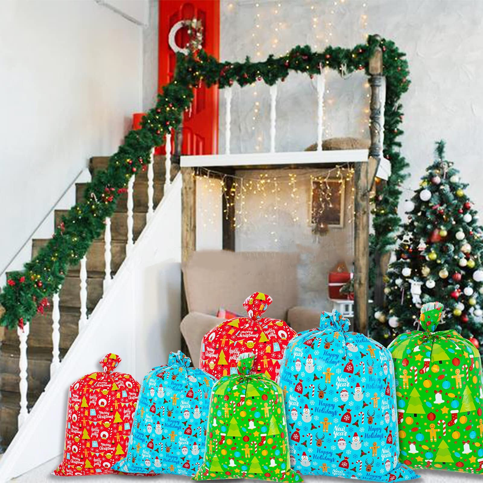 Oumuamua 6 Pack Large Christmas Gift Bags - Xmas Jumbo Presents Bags 49X35.5 And 36.5X34.5    With Gift Tag Cards For Christmas Huge Gifts Decorations, Holiday Gift Giving