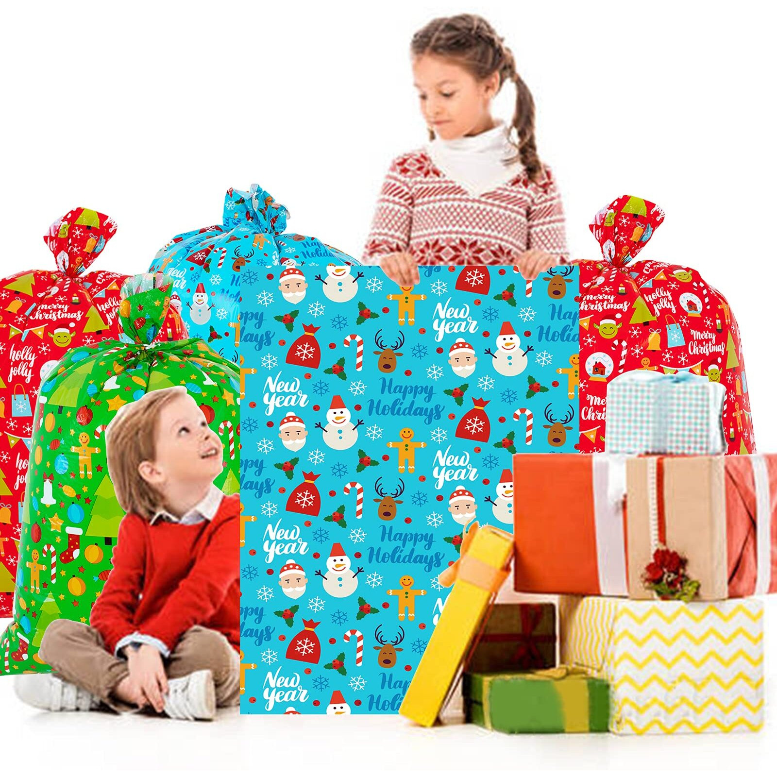 Oumuamua 6 Pack Large Christmas Gift Bags - Xmas Jumbo Presents Bags 49X35.5 And 36.5X34.5    With Gift Tag Cards For Christmas Huge Gifts Decorations, Holiday Gift Giving