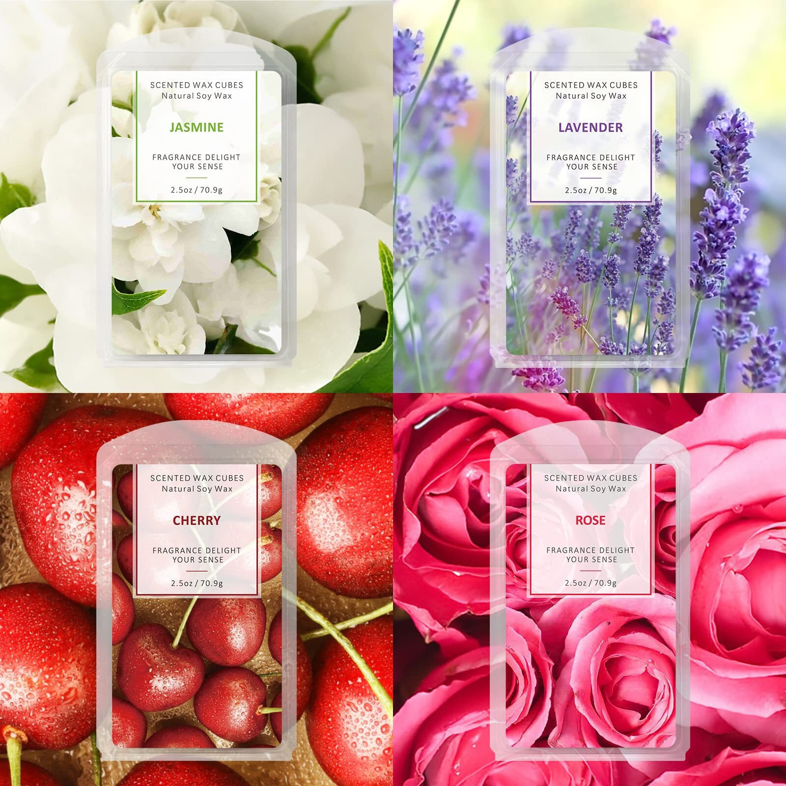 Scentorini Wax Melts, Wax Cubes, Soy Wax Cubes For Wax Warmer, Wax Melts For Christmas Decor, Rose, Lavender, Jasmine, Cherry, 4 X 2.5 Oz