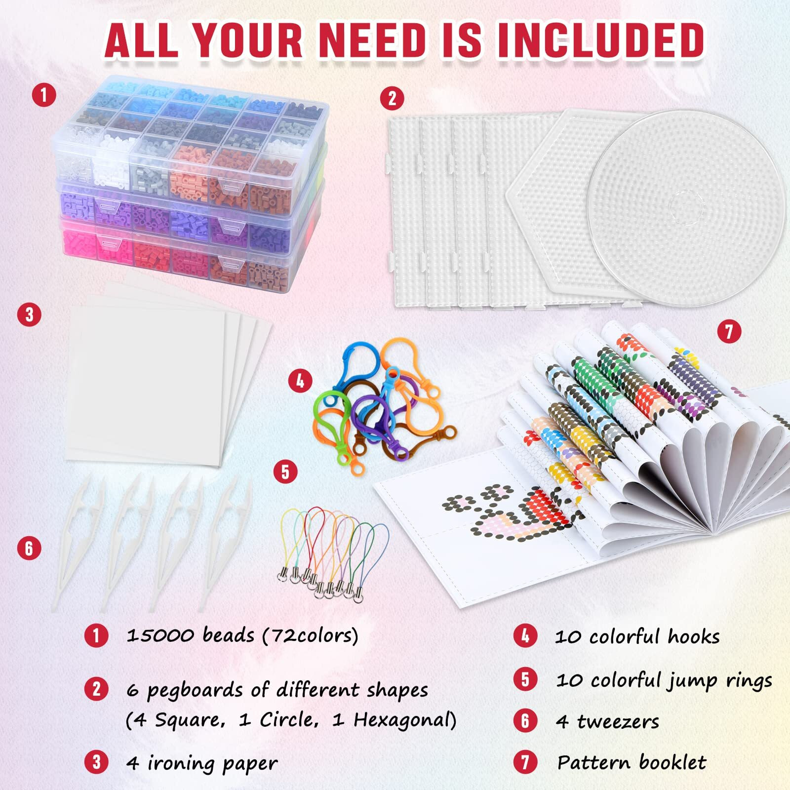 Quefe Fuse Beads Kit Of 72 Assorted Colors, 15000 5Mm Beads Craft Kit Including Pegboard, Melting Beads, Ironing Paper, Tweezers & Colorful Hooks, Great Creative Arts And Crafts Set For Girls