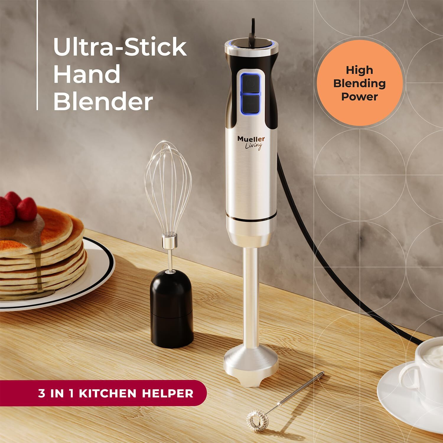Muellerliving Hand Blender, Immersion Blender, Hand Mixer With Attachments Stainless Steel Blade, Whisk, Milk Frother