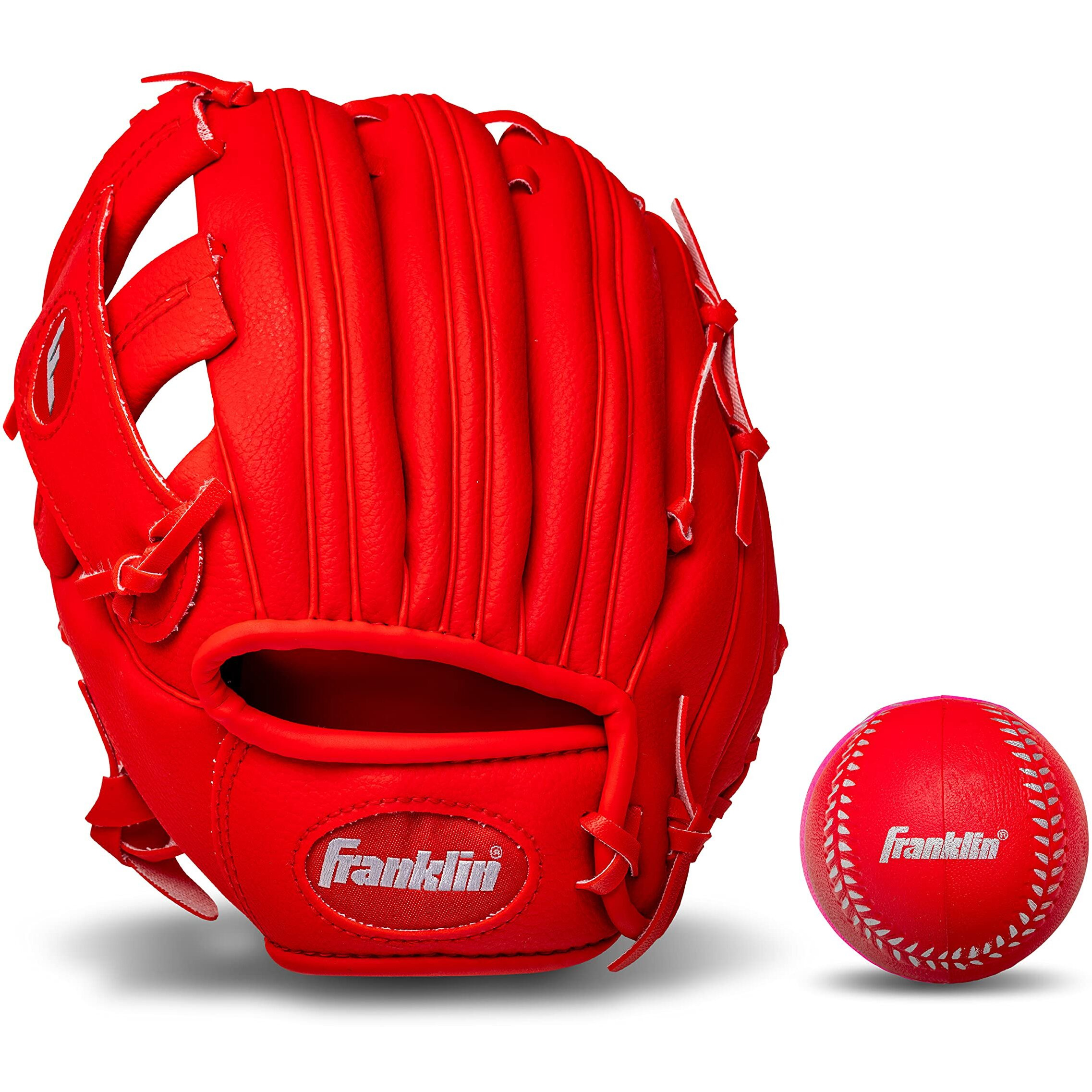 Franklin Sports Teeball Glove - Left And Right Handed Youth Fielding Glove - Synthetic Leather Baseball Glove - Ready To Play Glove (Rtp) - 9.5 Inch Left Hand Throw - Red/Red With Ball