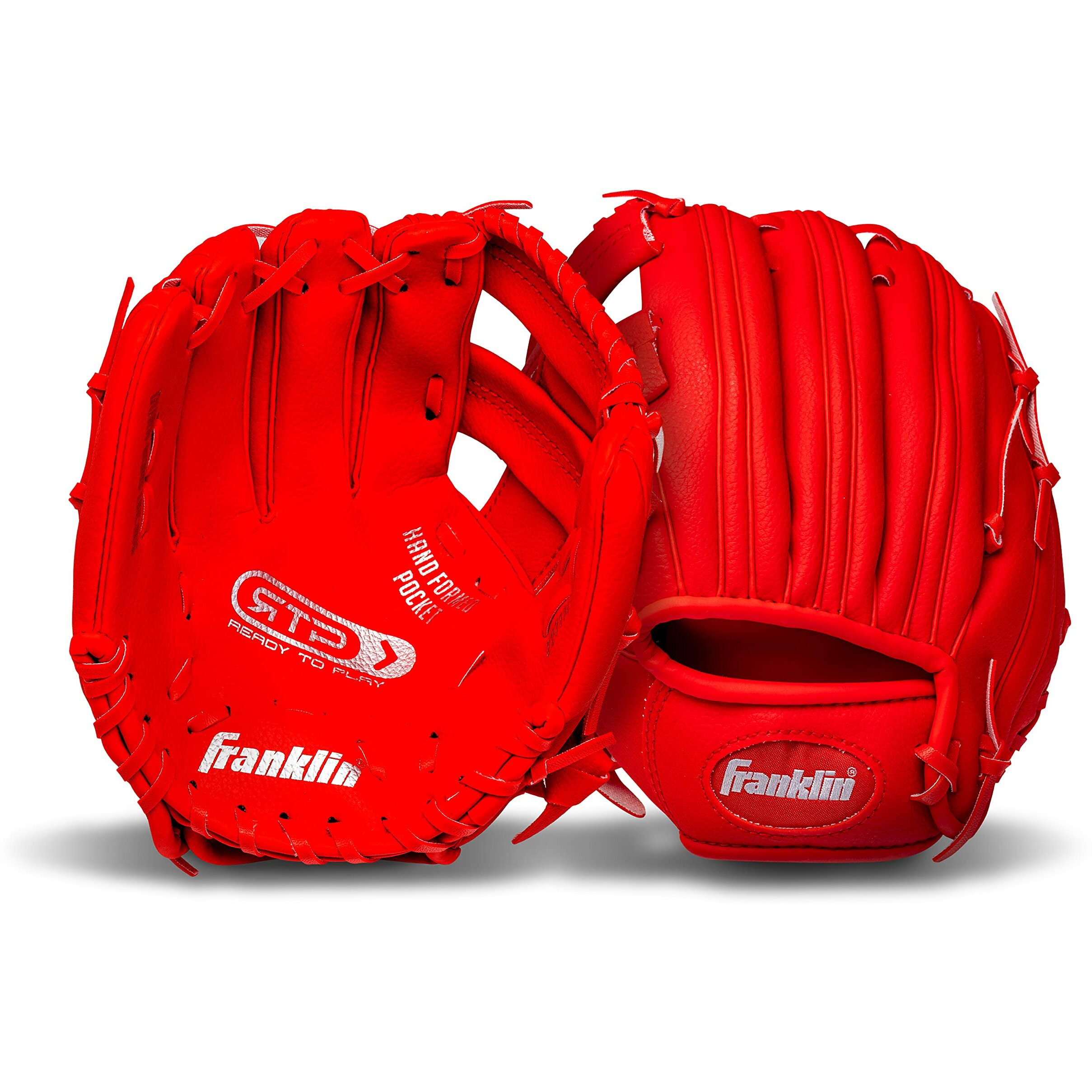Franklin Sports Teeball Glove - Left And Right Handed Youth Fielding Glove - Synthetic Leather Baseball Glove - Ready To Play Glove (Rtp) - 9.5 Inch Left Hand Throw - Red/Red With Ball