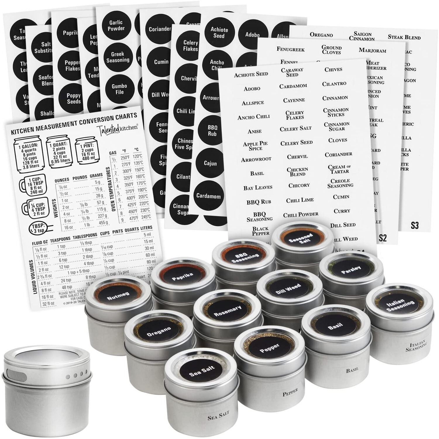 Talented Kitchen Magnetic Spice Jars For Refrigerator - 3Oz Metal Spice Containers With Sift-And-Pour Lids (12 Magnet Spice Jars, 269 Preprinted Labels, 2 Label Styles)