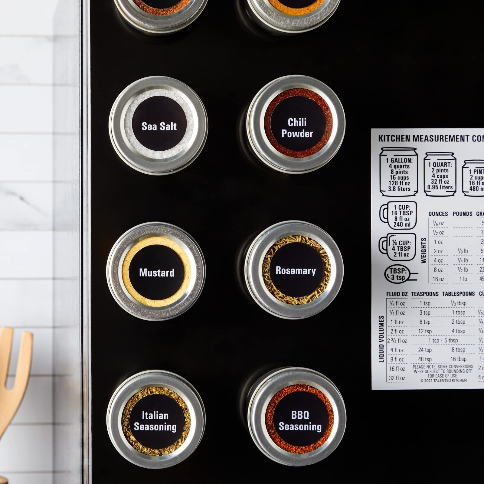 Talented Kitchen Magnetic Spice Jars For Refrigerator - 3Oz Metal Spice Containers With Sift-And-Pour Lids (12 Magnet Spice Jars, 269 Preprinted Labels, 2 Label Styles)