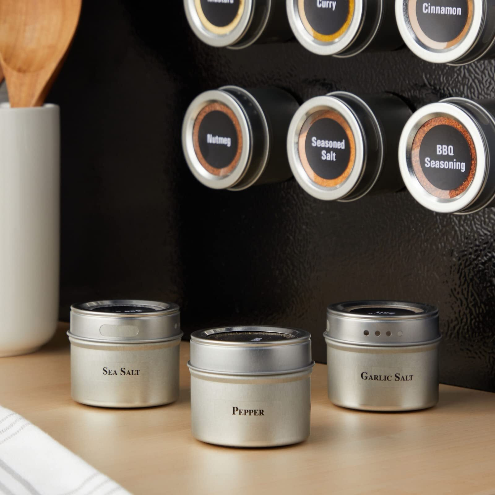 Talented Kitchen Magnetic Spice Jars For Refrigerator - 3Oz Metal Spice Containers With Sift-And-Pour Lids (12 Magnet Spice Jars, 269 Preprinted Labels, 2 Label Styles)