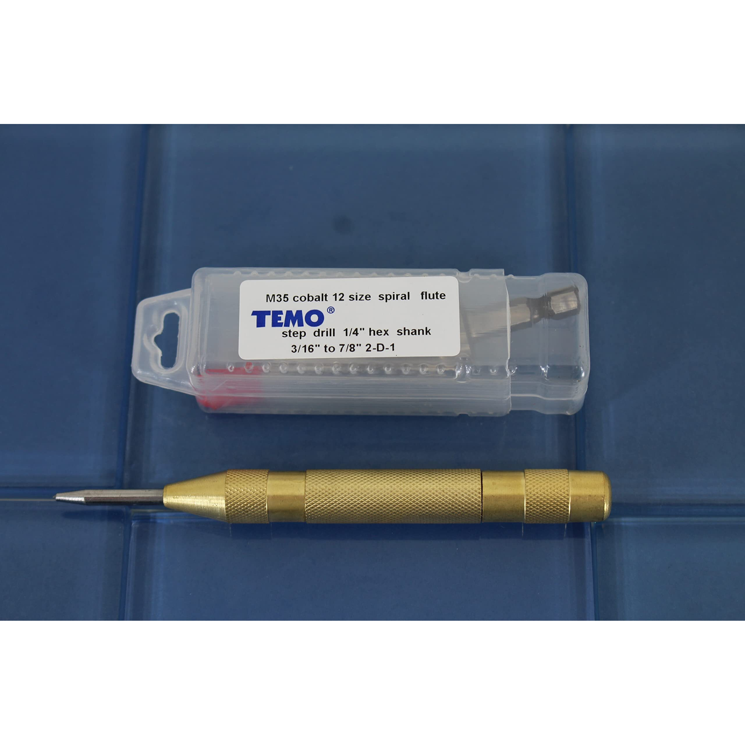 Temo M35 Cobalt Spiral Flute 12 Size Step Drill 3/16 Inch To 7/8 Inch Plus Auto Center Punch Set