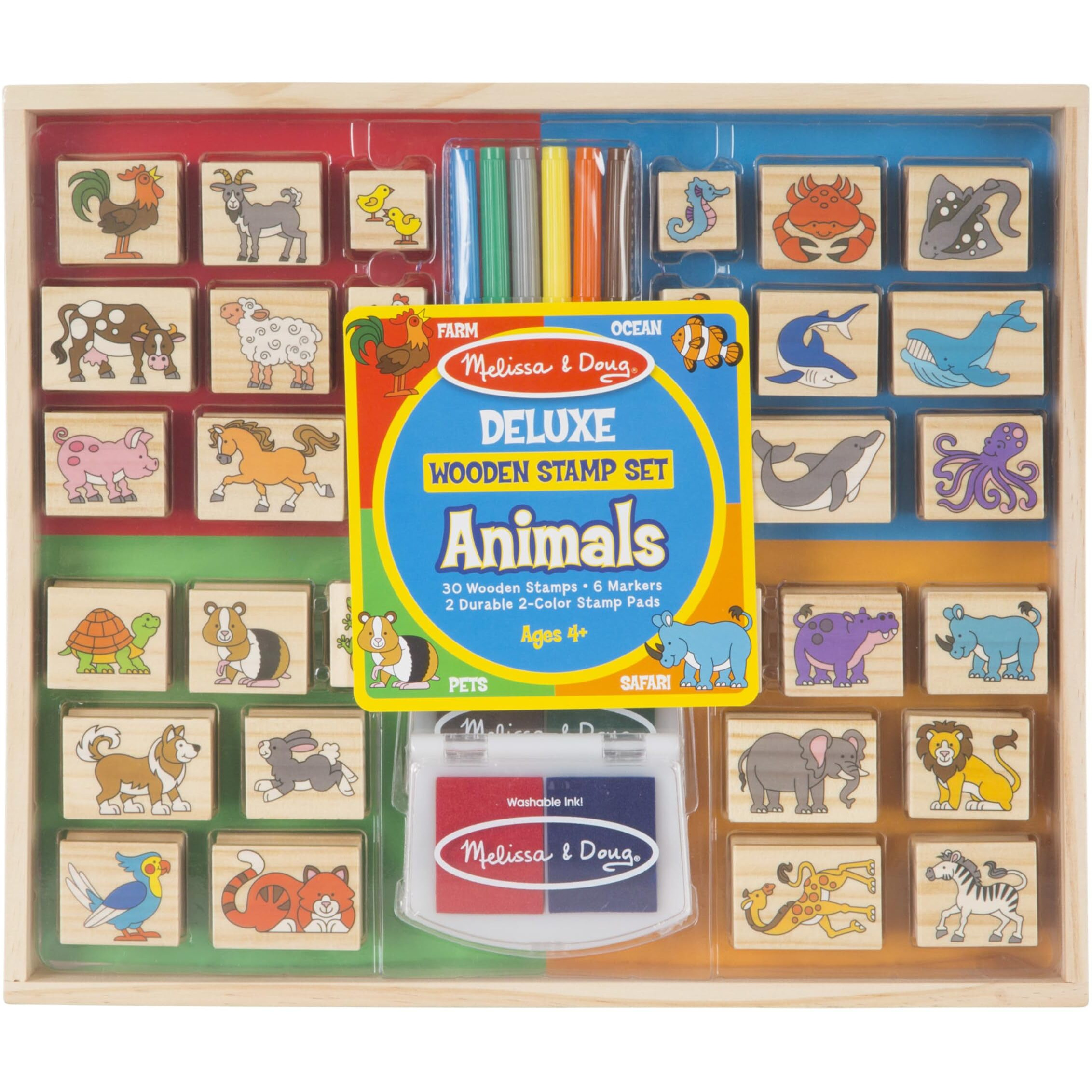 Melissa & Doug Deluxe Wooden Stamp Set Animals - 30 Stamps, 6 Markers, 2 Stamp Pads - Kids Art Projects, With Washable Ink, Wooden Animal Stamps For Ages 4+