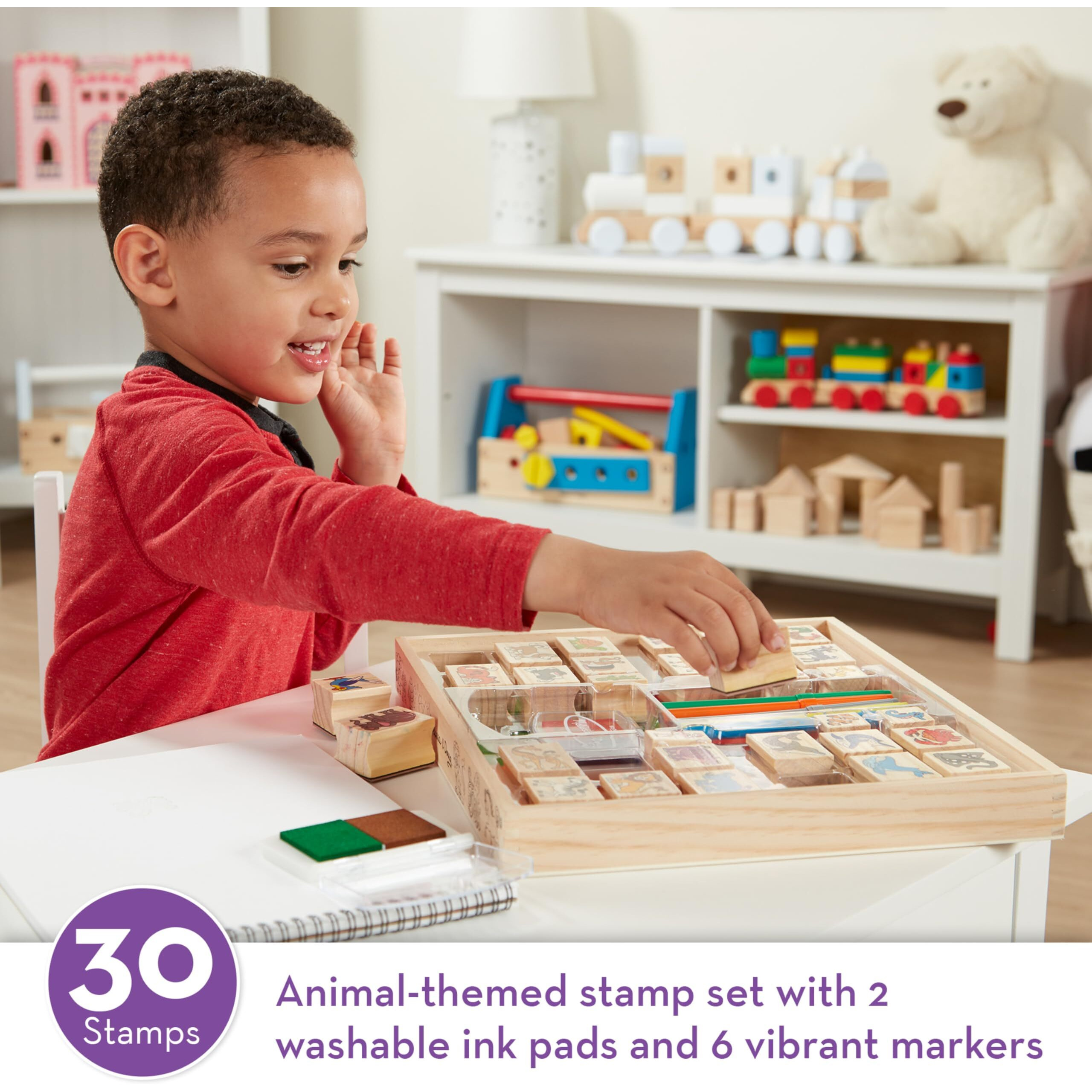 Melissa & Doug Deluxe Wooden Stamp Set Animals - 30 Stamps, 6 Markers, 2 Stamp Pads - Kids Art Projects, With Washable Ink, Wooden Animal Stamps For Ages 4+