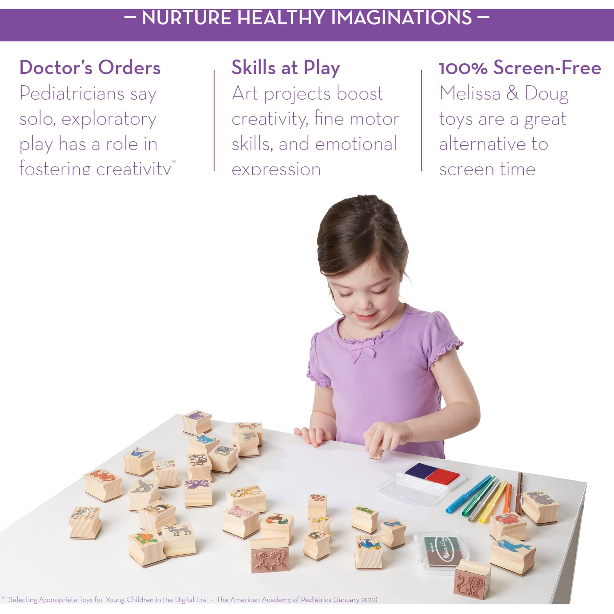 Melissa & Doug Deluxe Wooden Stamp Set Animals - 30 Stamps, 6 Markers, 2 Stamp Pads - Kids Art Projects, With Washable Ink, Wooden Animal Stamps For Ages 4+
