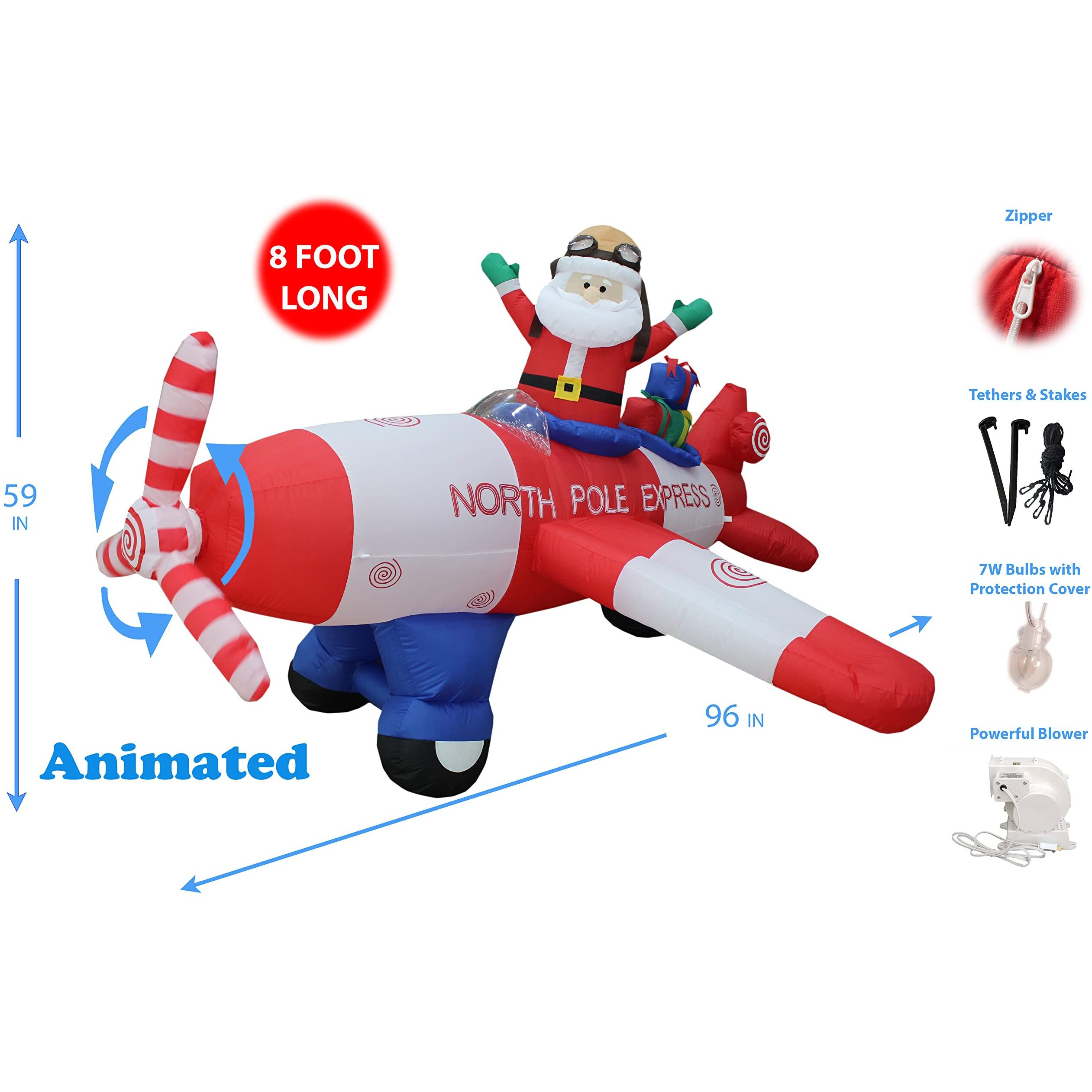 Animated - 8 Foot Wide Christmas Inflatable Santa Claus Flying Airplane Blow Up Yard Decoration