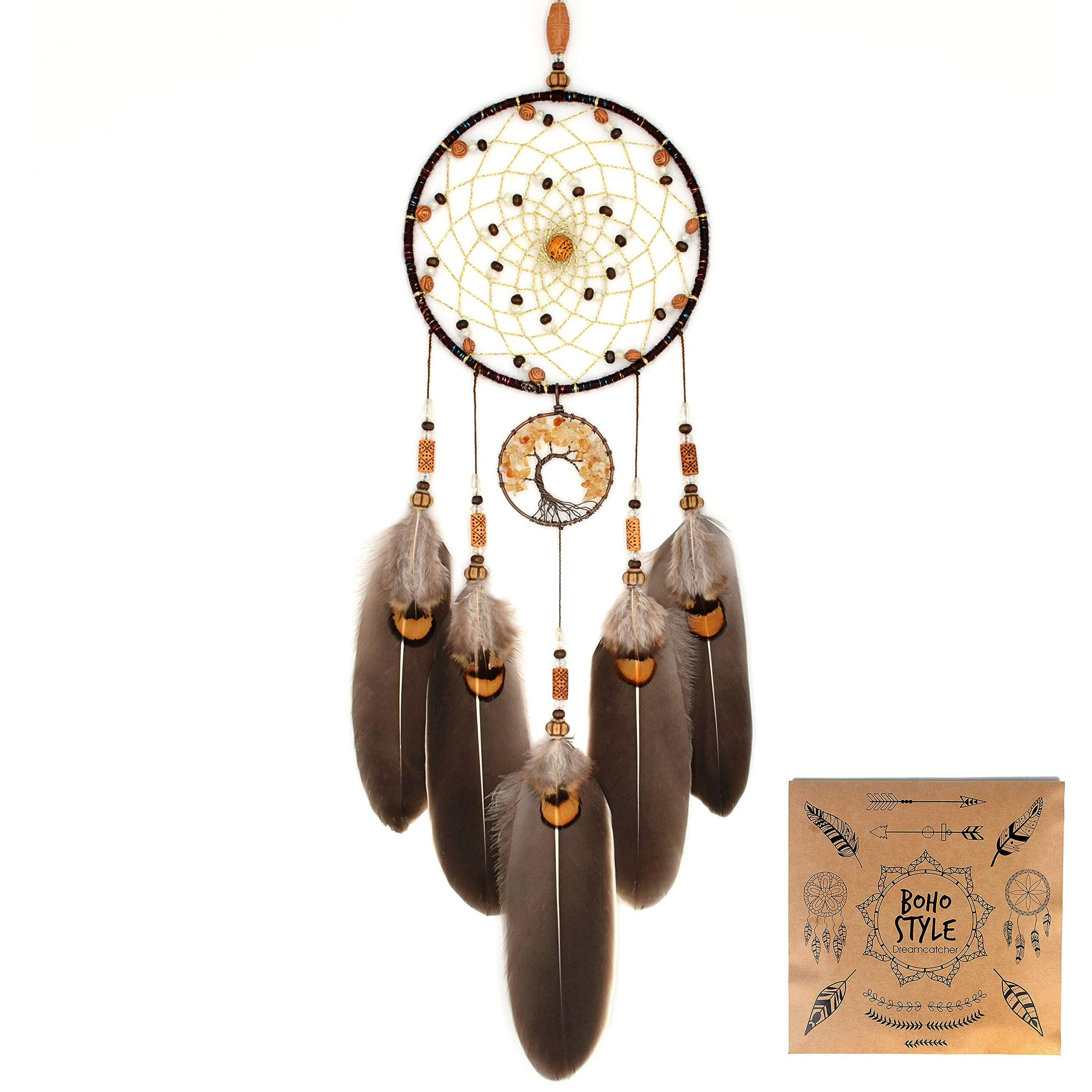 Urdeoms Brown Dream Catchers Tree Of Life Boho Dreamcatcher For Bedroom Adult With Feathers And Citrine Crystal Wall Hanging Decor For Home Festival Blessing Gifts 18"" Length (No.11)