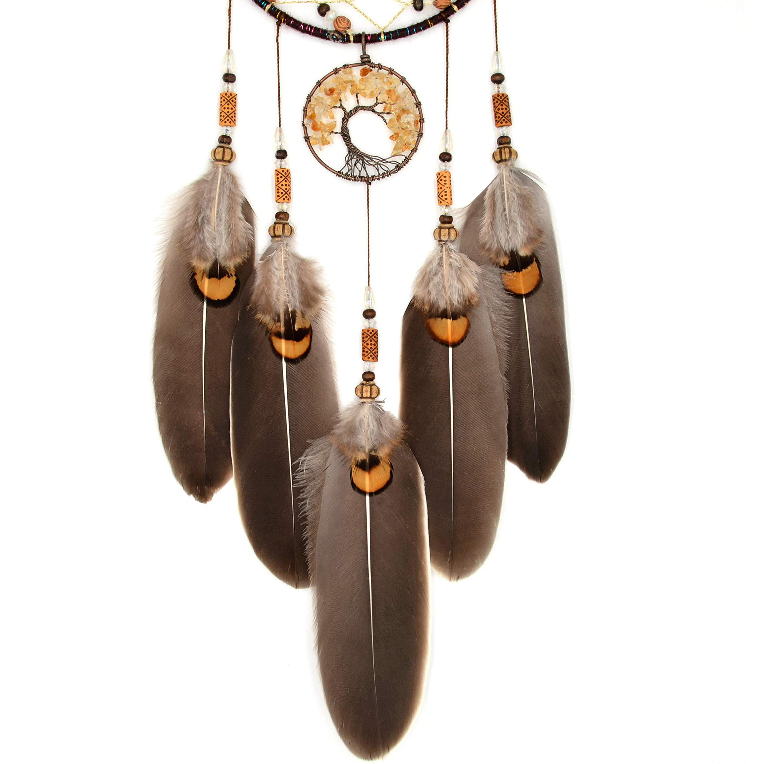 Urdeoms Brown Dream Catchers Tree Of Life Boho Dreamcatcher For Bedroom Adult With Feathers And Citrine Crystal Wall Hanging Decor For Home Festival Blessing Gifts 18"" Length (No.11)