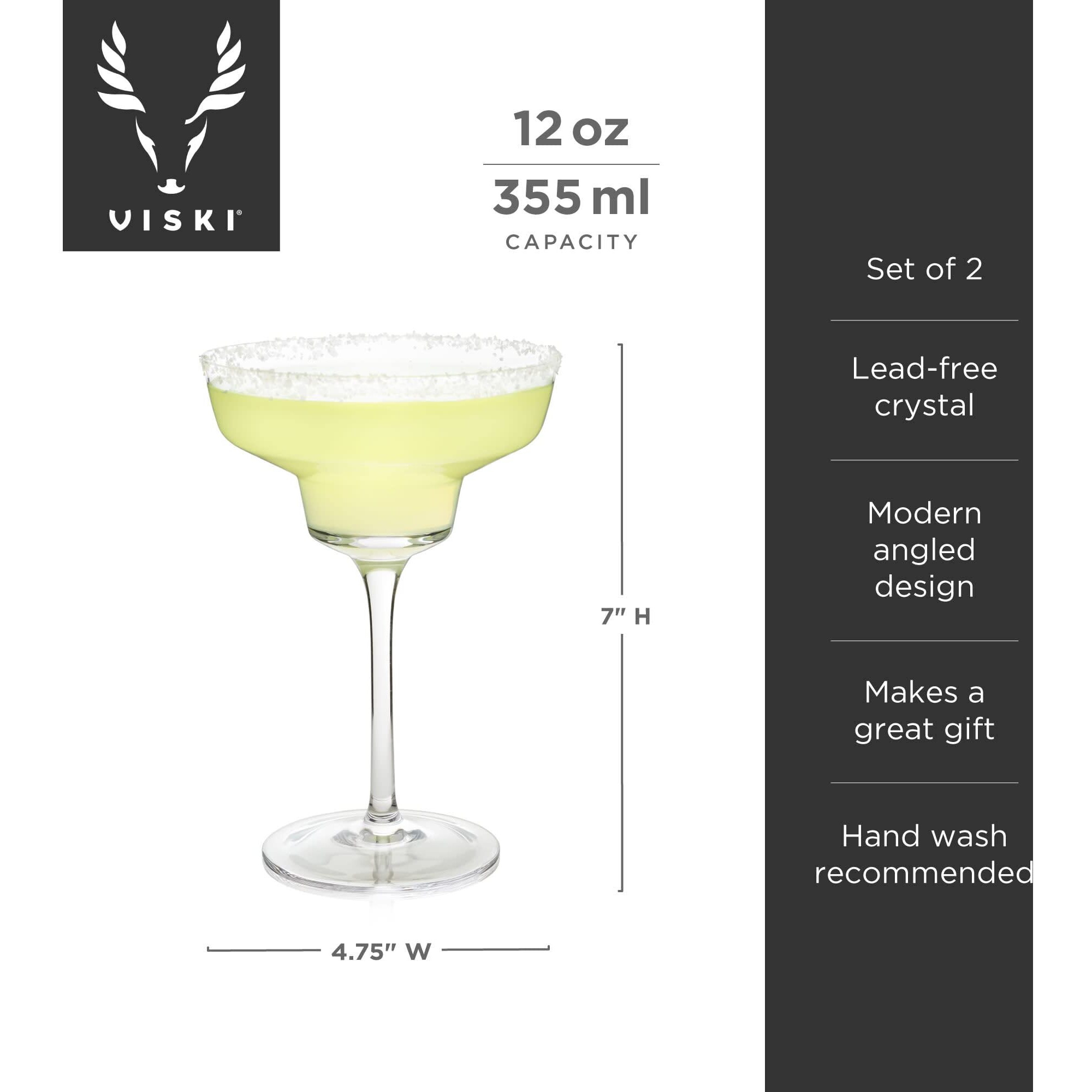 Viski Raye Angled Stemmed Margarita Glasses, Premium Crystal Margarita Cocktail Glasses, Cocktail Bar Accessories, Perfect Cocktail Gift, Set Of 2, 12Oz