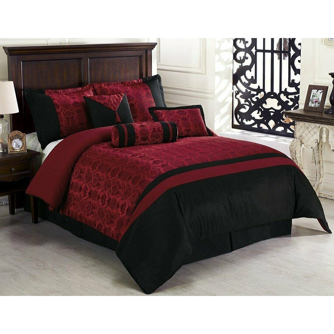 Chezmoi Collection Dynasty Black Red Jacquard 7-Piece Comforter Set, King Size