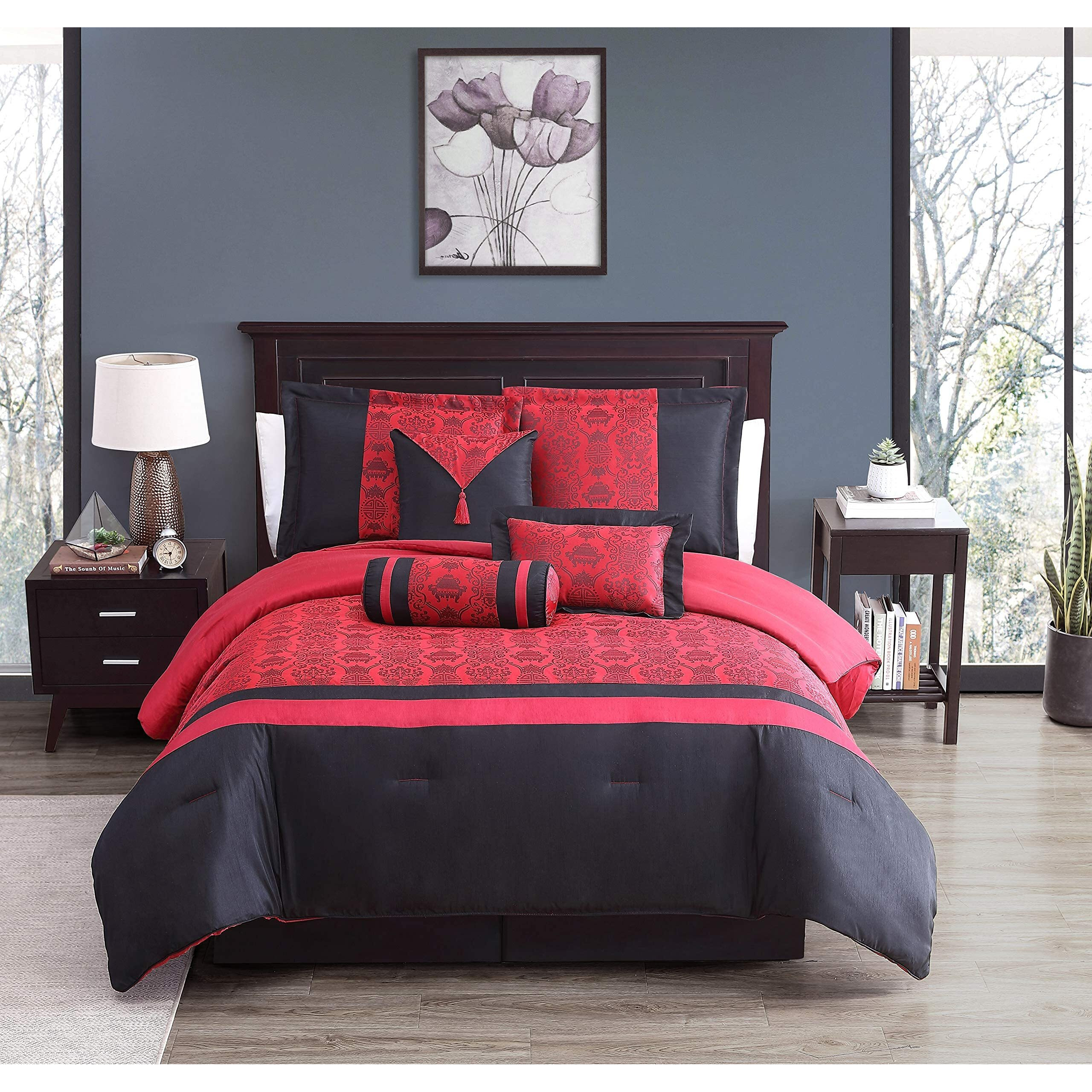 Chezmoi Collection Dynasty Black Red Jacquard 7-Piece Comforter Set, King Size