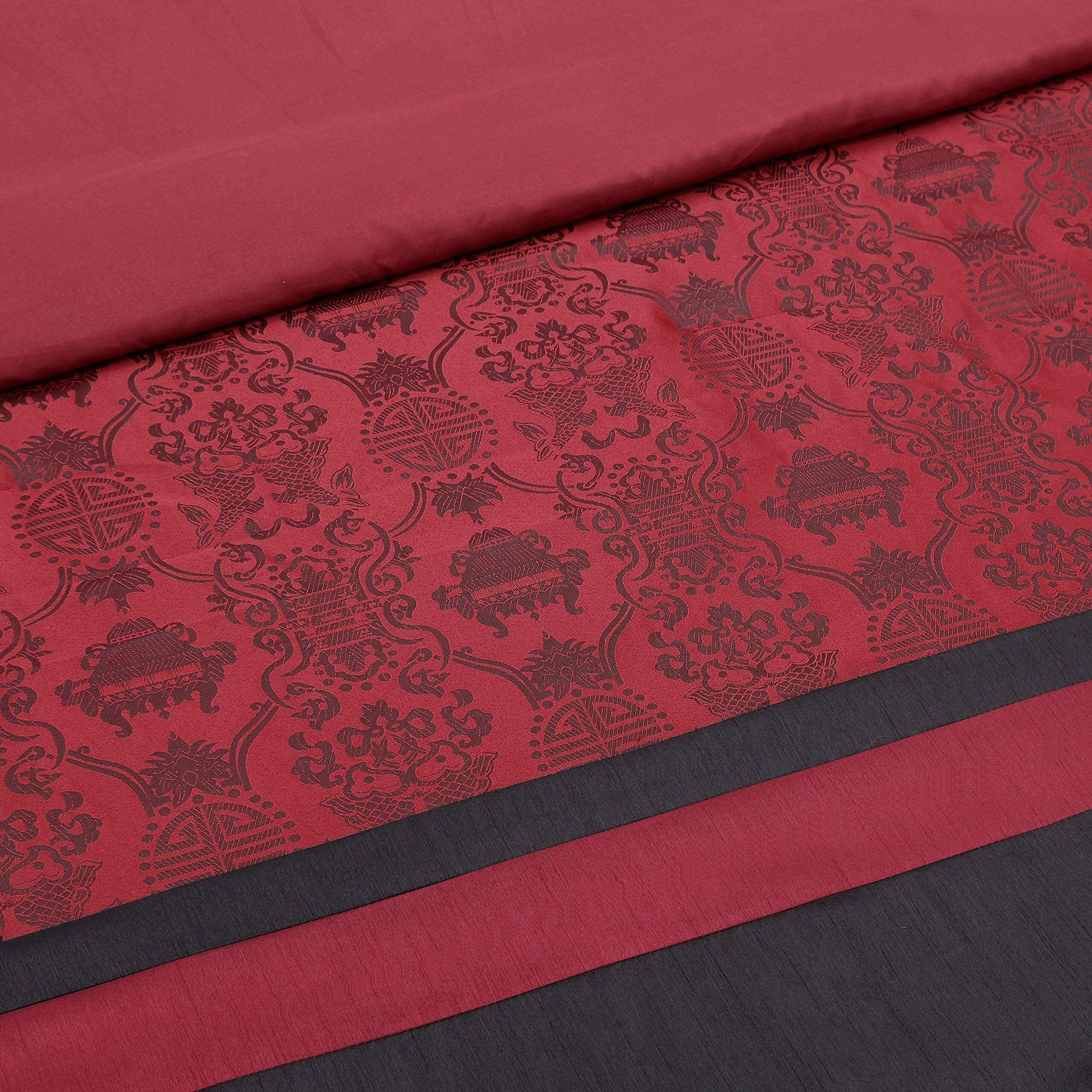 Chezmoi Collection Dynasty Black Red Jacquard 7-Piece Comforter Set, King Size