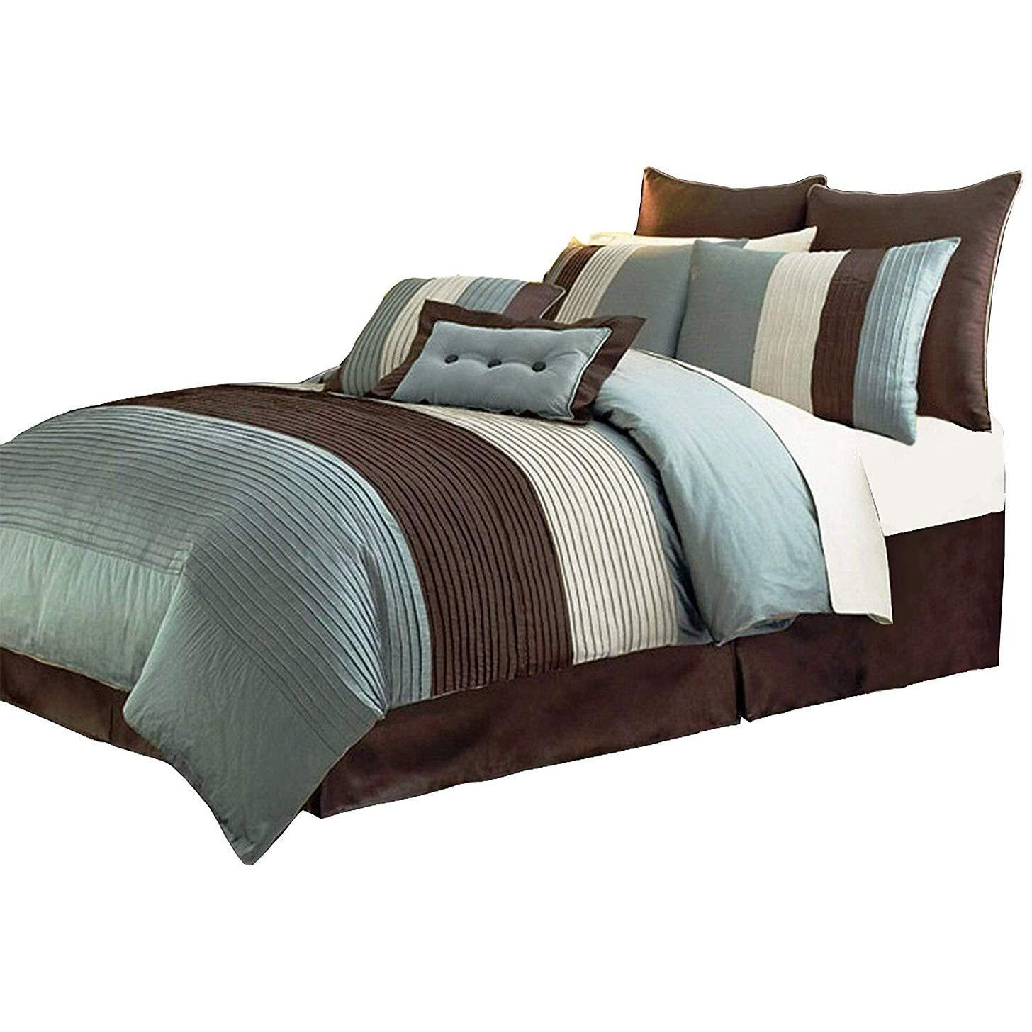 Chezmoi Collection 8-Piece Blue Brown Beige Pleated Stripe Comforter Set Full Size Bedding Set