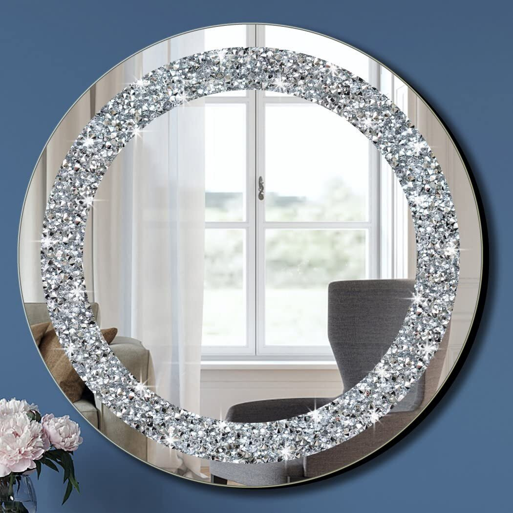 Qmdecor Crystal Crush Diamond Sparkly Round Silver Mirror For Wall Decoration 20X20X1 Inch Wall Hang Frameless Bling Stylish Gorgeous Glam Mirror Vanity Home Decor.