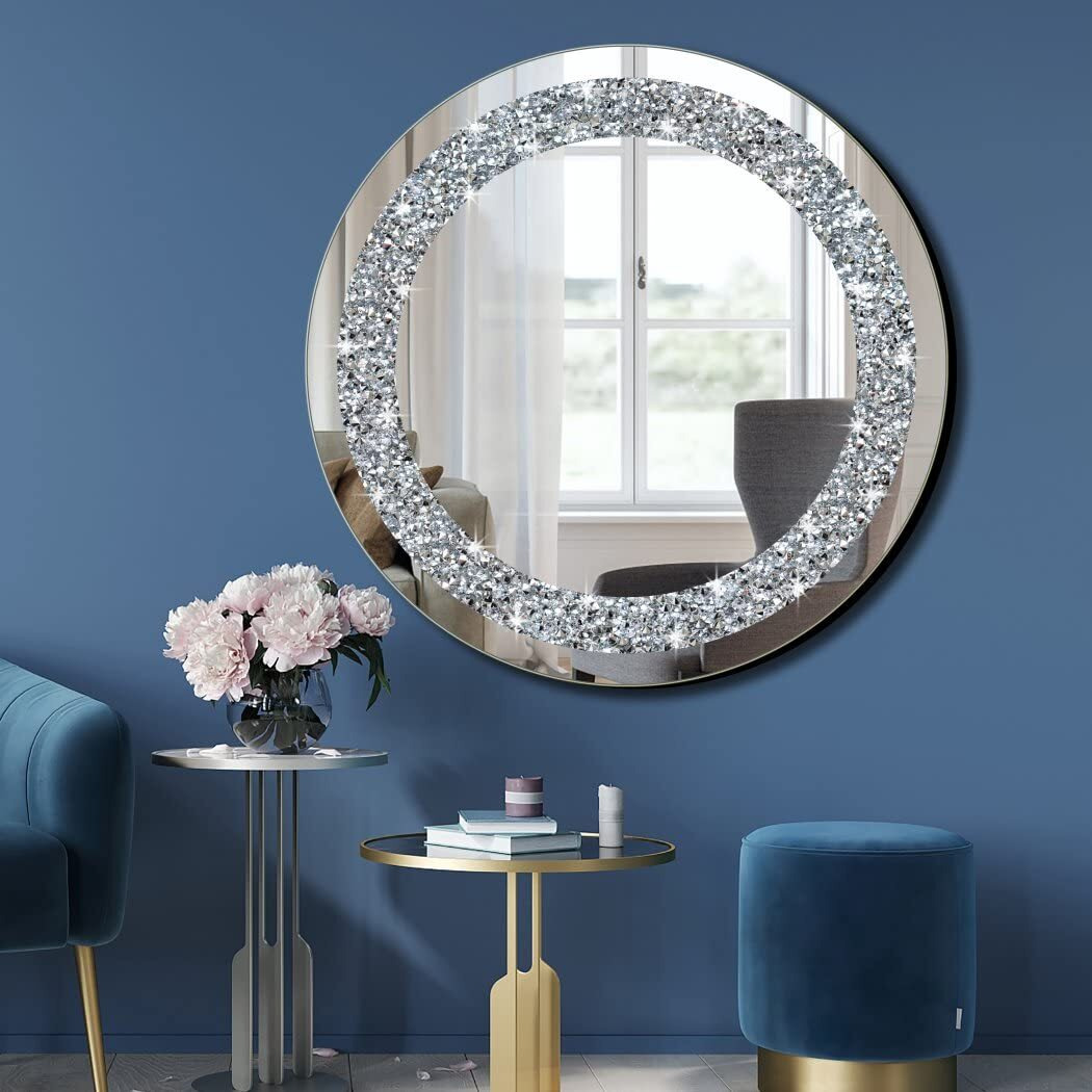 Qmdecor Crystal Crush Diamond Sparkly Round Silver Mirror For Wall Decoration 20X20X1 Inch Wall Hang Frameless Bling Stylish Gorgeous Glam Mirror Vanity Home Decor.