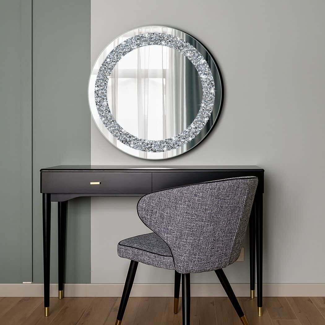 Qmdecor Crystal Crush Diamond Sparkly Round Silver Mirror For Wall Decoration 20X20X1 Inch Wall Hang Frameless Bling Stylish Gorgeous Glam Mirror Vanity Home Decor.