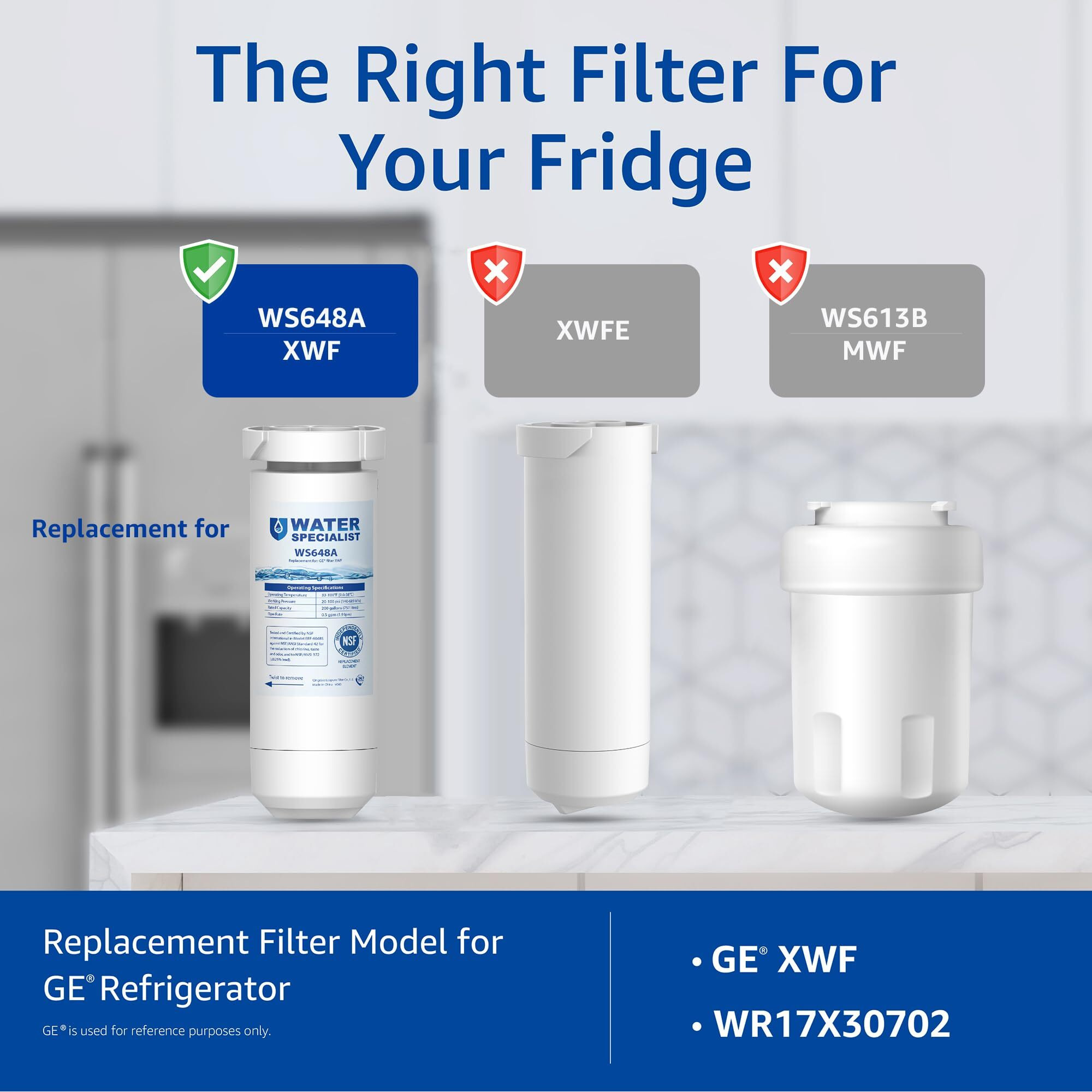 Waterspecialist Xwf Nsf Certified Refrigerator Water Filter, Replacement For Ge Xwf, 3 Filters (Not Xwfe)