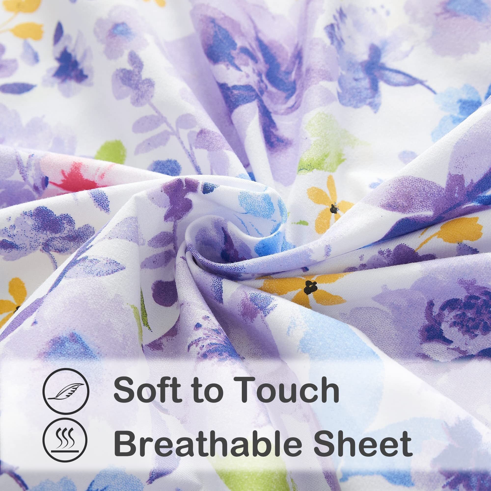 Mooreeke Floral Full Sheets, Soft Breathable Microfiber Vintage Printed Bed Sheet Set, Deep Pocket Non-Slip Fitted Sheet Included, Purple Flower Pattern