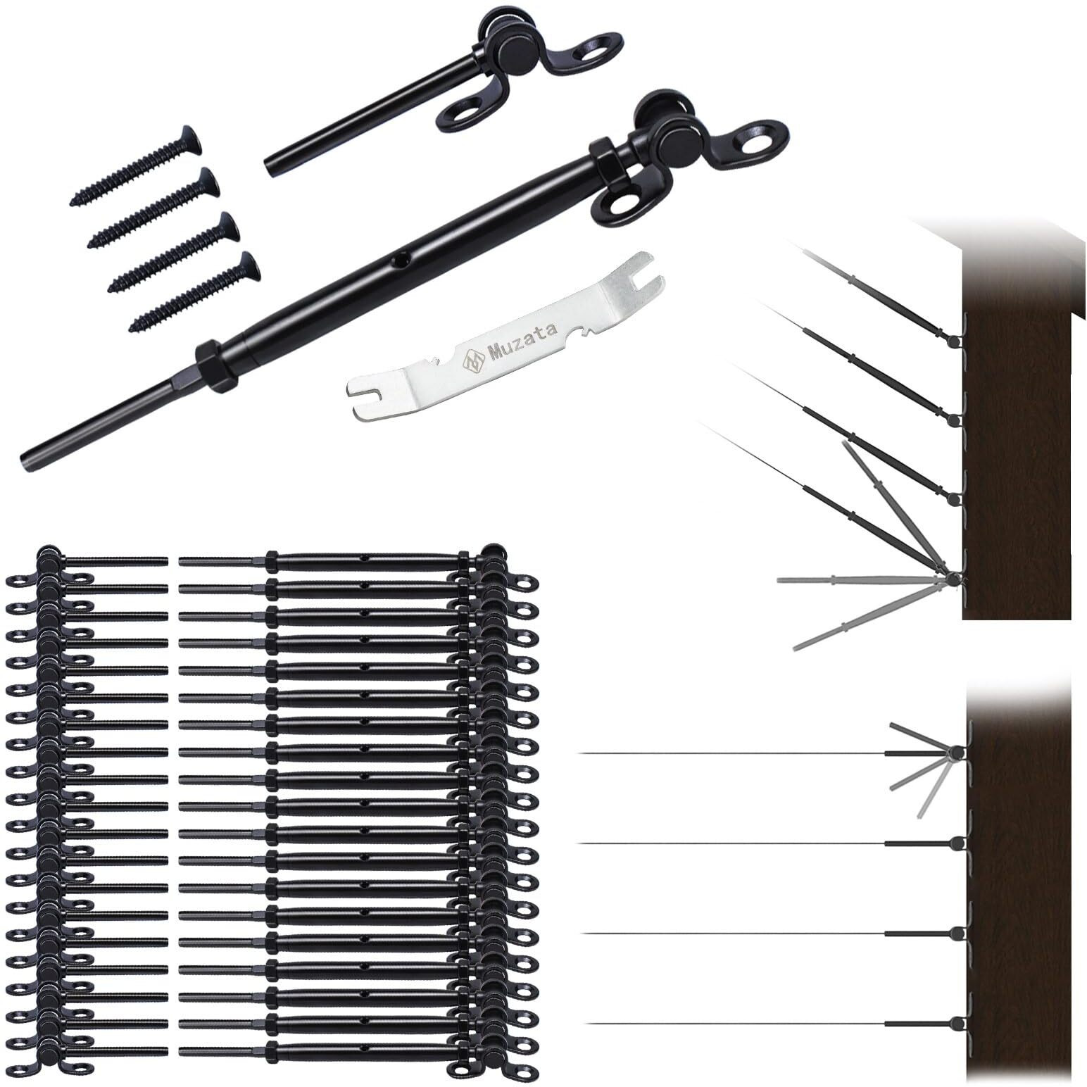 Muzata 20Pairs Black Cable Railing Kit 1/8"" Swage Toggle Turnbuckle Hardware T316 Stainless Steel For Wood Post Woodeasy System Angle 180 Adjustable Stairs Deck 20 Cable Lines Ck07 Bd1,Ca4 Ca5
