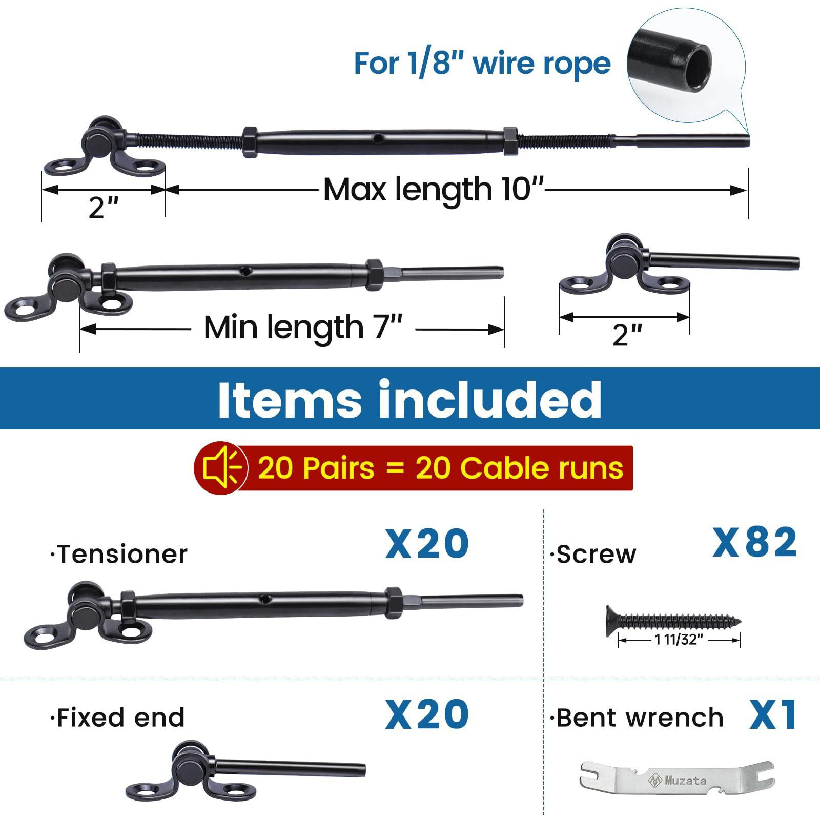 Muzata 20Pairs Black Cable Railing Kit 1/8"" Swage Toggle Turnbuckle Hardware T316 Stainless Steel For Wood Post Woodeasy System Angle 180 Adjustable Stairs Deck 20 Cable Lines Ck07 Bd1,Ca4 Ca5