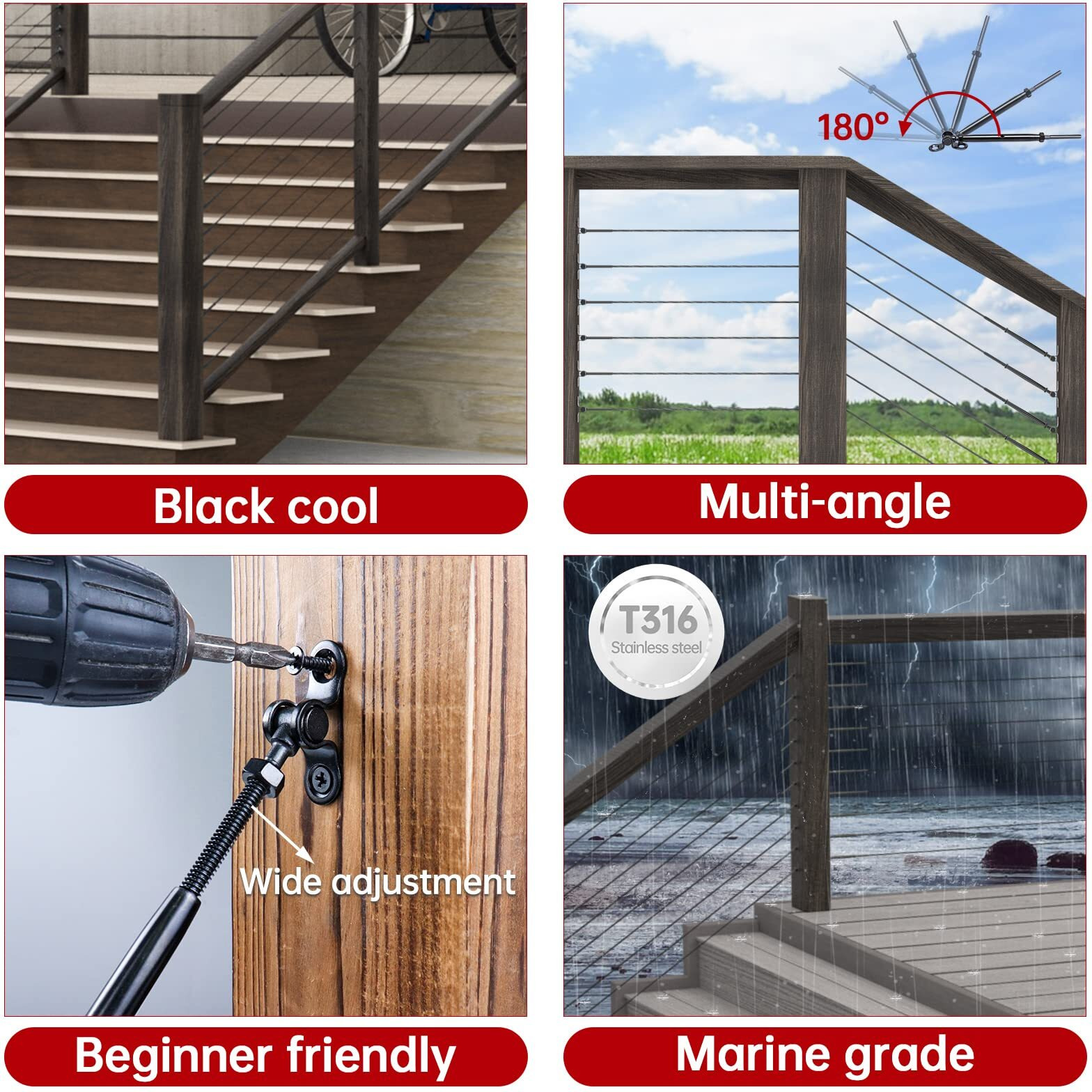Muzata 20Pairs Black Cable Railing Kit 1/8"" Swage Toggle Turnbuckle Hardware T316 Stainless Steel For Wood Post Woodeasy System Angle 180 Adjustable Stairs Deck 20 Cable Lines Ck07 Bd1,Ca4 Ca5