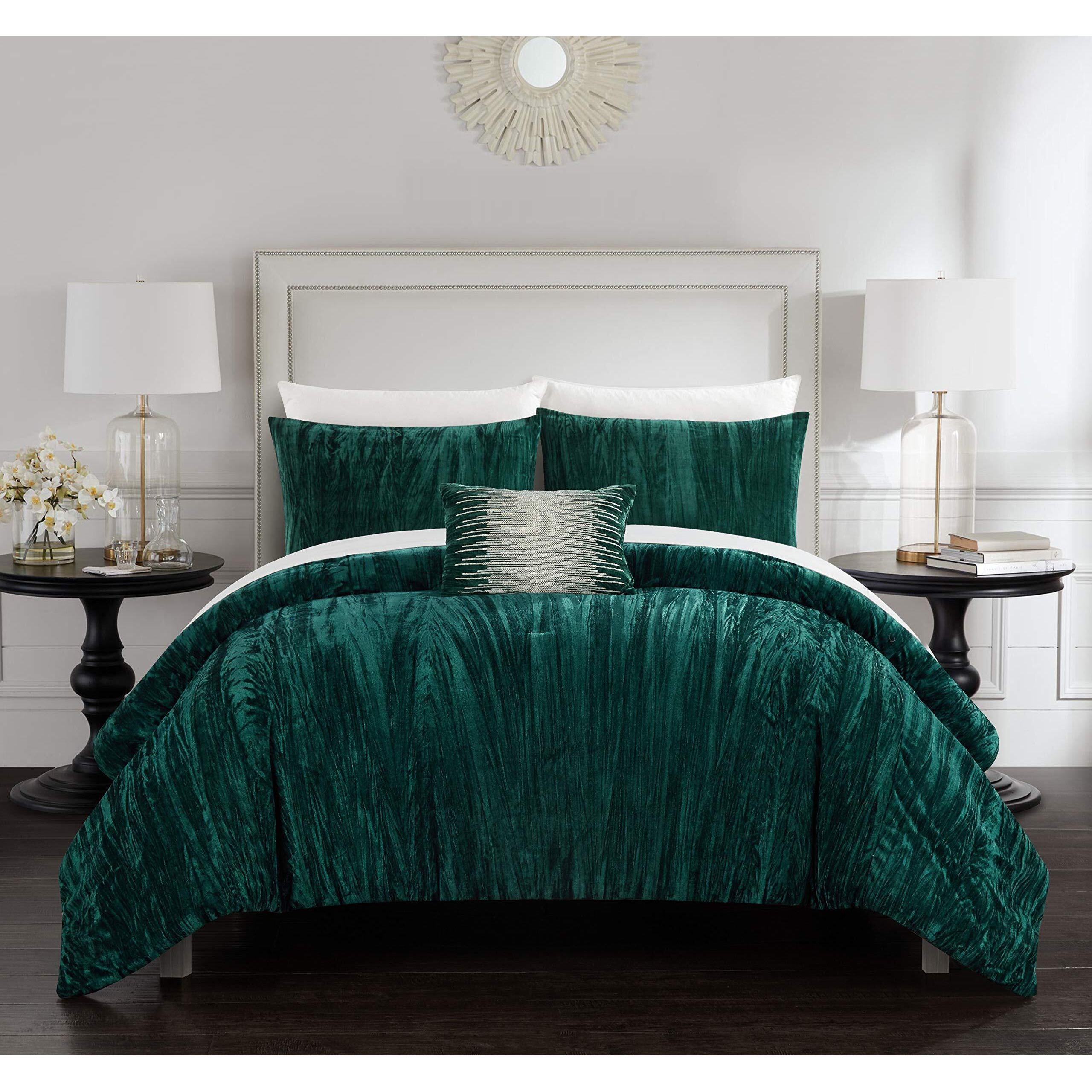 Chic Home Westmont 4 Piece Comforter Set Crinkle Crushed Velvet Bedding-Decorative Pillow Shams Included, Queen, Green