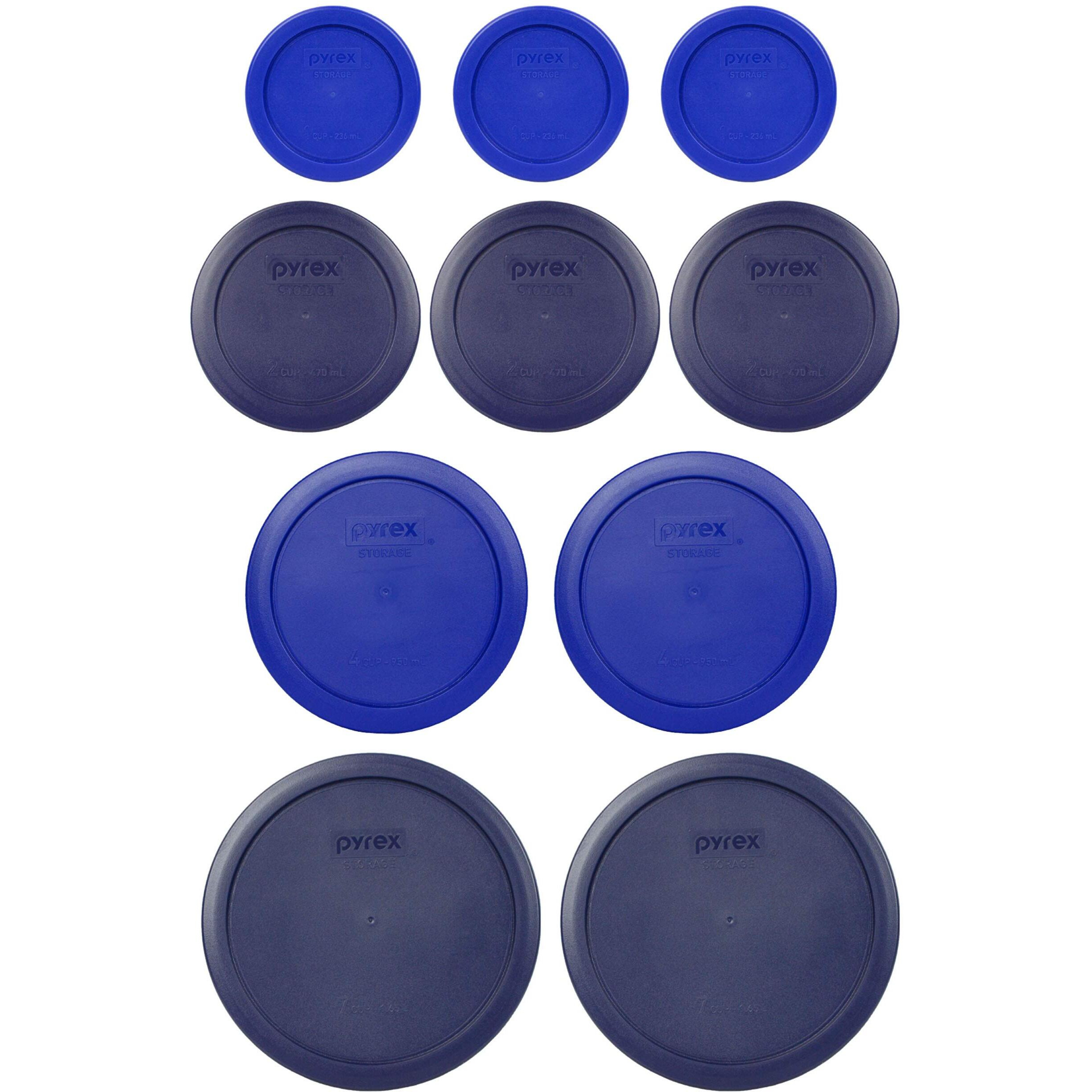 Pyrex (2) 7402-Pc 6/7 Cup Blue, (2) 7201-Pc 4 Cup Cadet Blue, (3) 7200-Pc 2 Cup Blue, (3) 7202-Pc 1 Cup Cadet Blue Replacement Food Storage Lids, Made In Usa