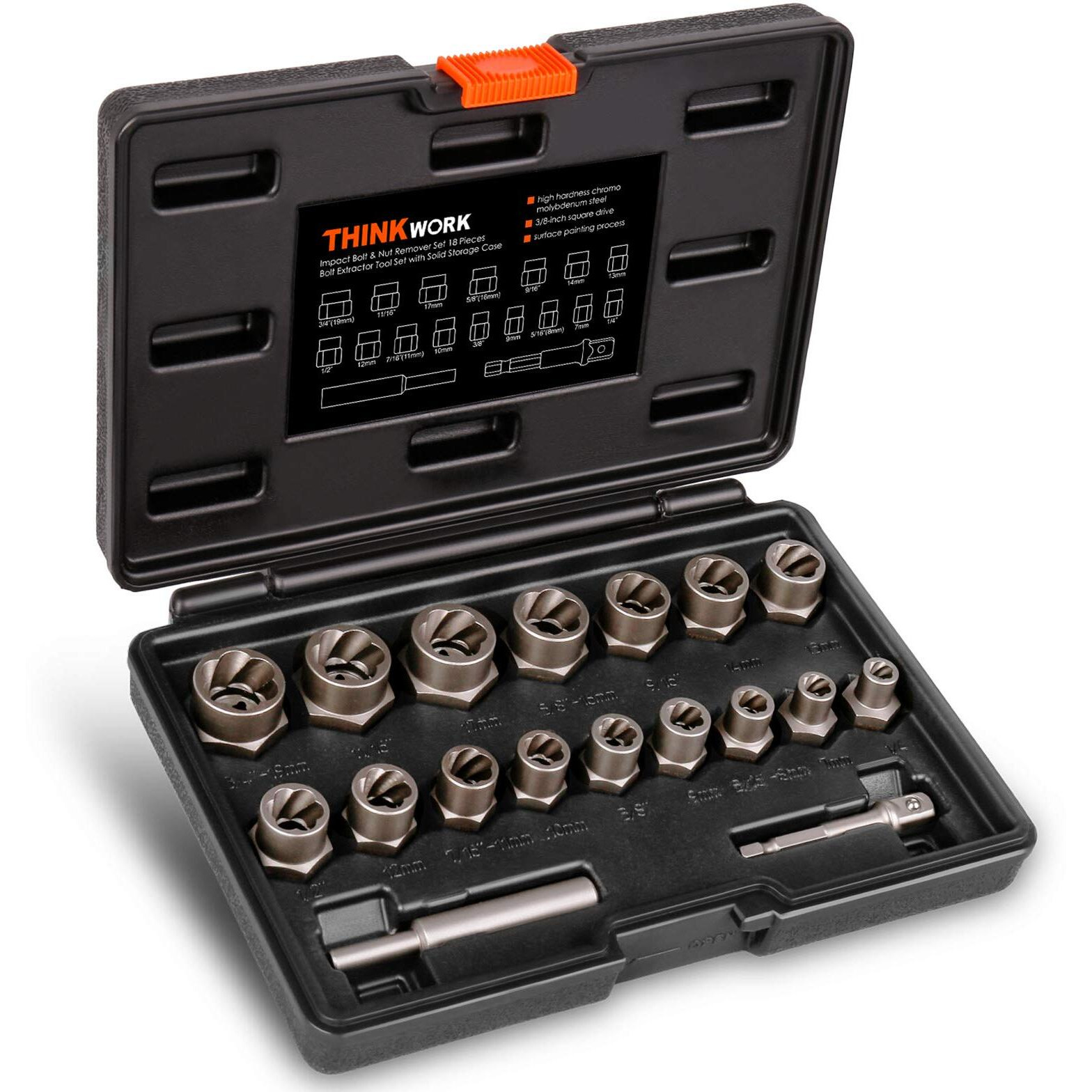 Thinkwork Bolt Extractor Kit, 18 Pieces Bolt Extractor Set, Stripped Bolt Extractor For Removing Damaged, Frozen, Rusted, Rounded-Off Bolts, Nuts & Screws