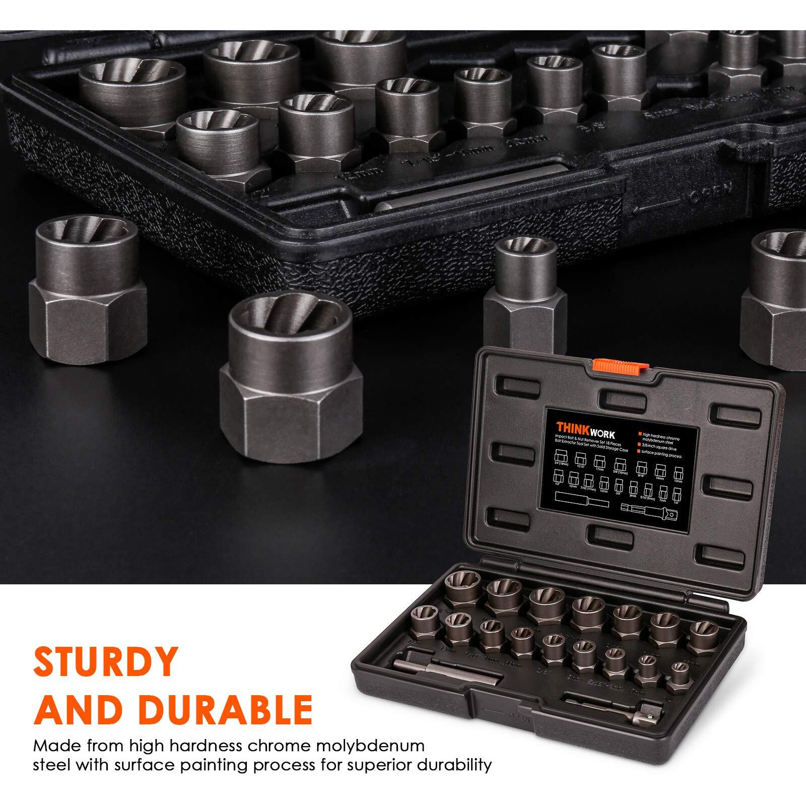 Thinkwork Bolt Extractor Kit, 18 Pieces Bolt Extractor Set, Stripped Bolt Extractor For Removing Damaged, Frozen, Rusted, Rounded-Off Bolts, Nuts & Screws
