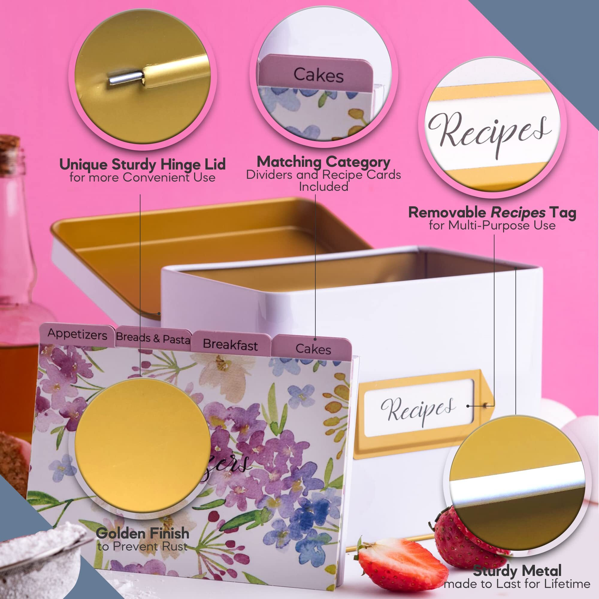 Heart & Berry White Recipe Box With 24 4X6 Recipe Cards And 12 Dividers - Recipe Cards And Box Set - Recipe Tin For 4 X 6 Inches Recipe Cards