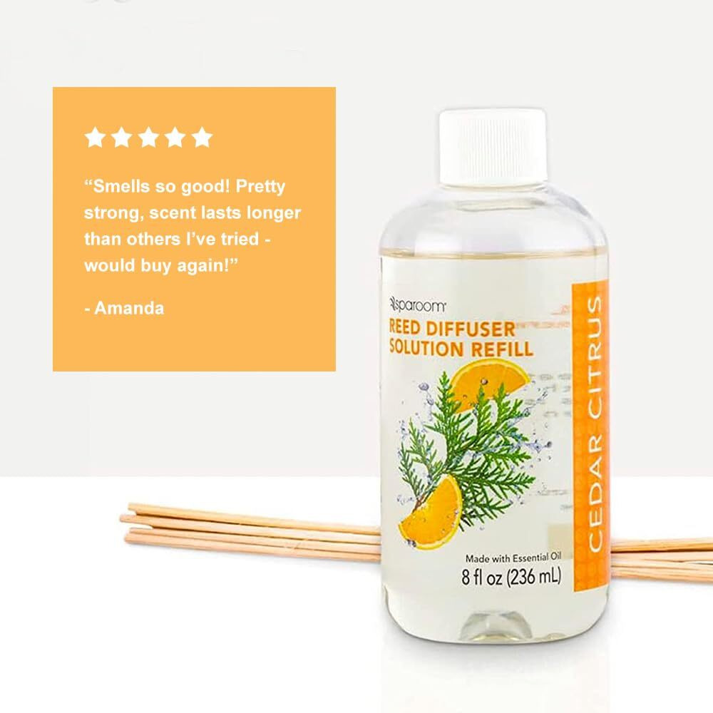 Sparoom Reed Diffuser Essential Oil Refill Solution, 8 Ounces, Cedar Citrus Fragrance With Lemon Essentials Oil