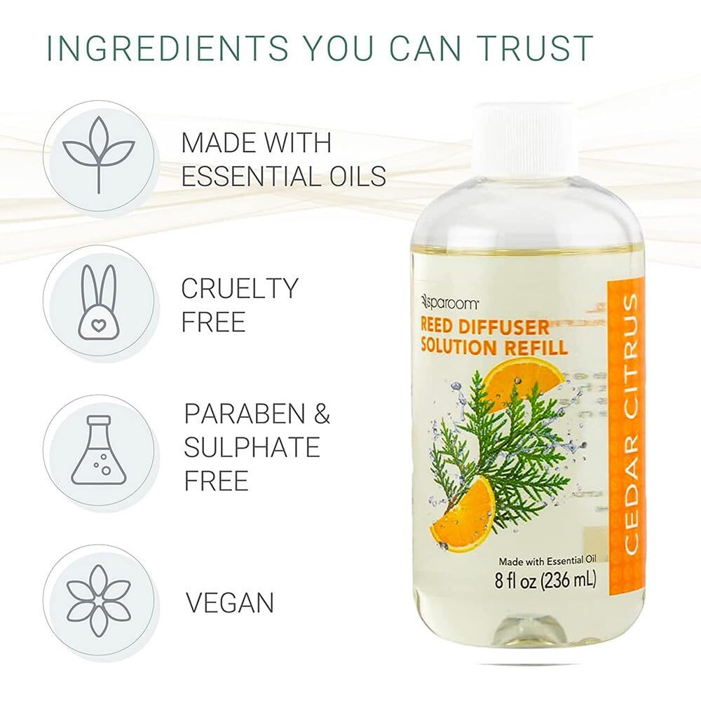 Sparoom Reed Diffuser Essential Oil Refill Solution, 8 Ounces, Cedar Citrus Fragrance With Lemon Essentials Oil