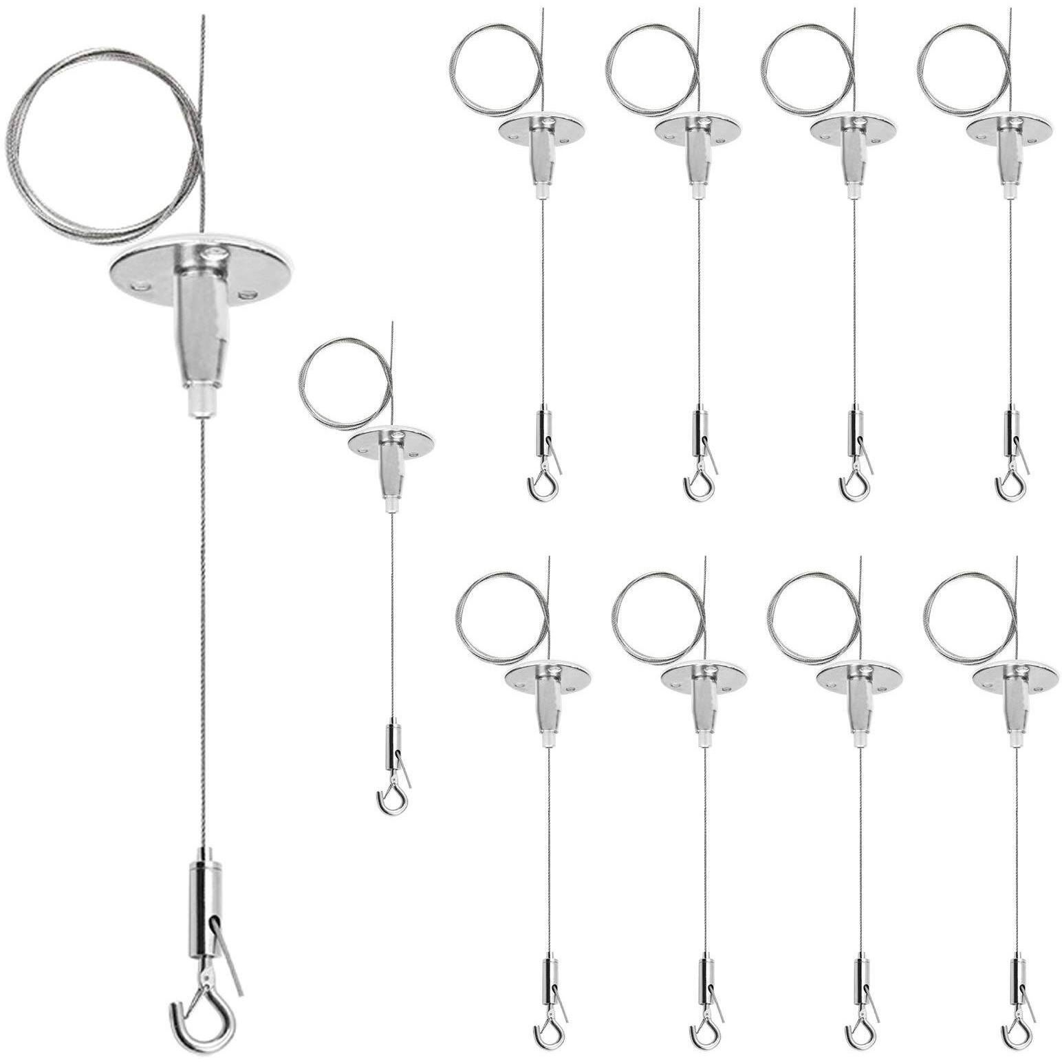 Ottff 10 Pack Ceiling Sign Hanger 3.2 Ft Suspension Cable Wire Rope Adjustable Length With Spring Hook Hanging Disc For Led Panel Light Billboards Diy Mounting Clamp Max Load 11 Ib