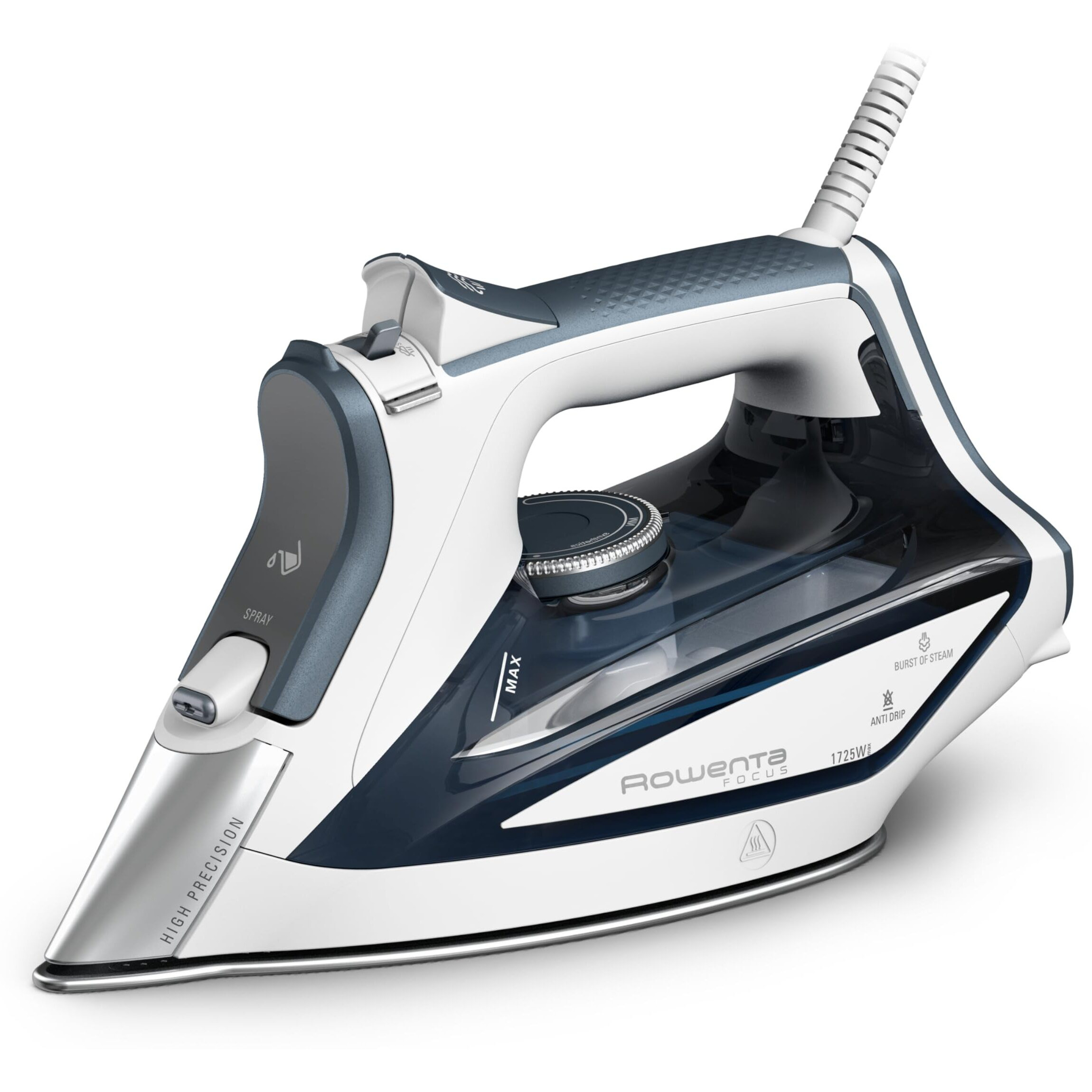 Rowenta, Iron, Focus Stainless Steel Soleplate Steam Iron For Clothes, 400 Microsteam Holes, Powerful Steam Blast, Leakproof, Lighweight, 1725 Watts, Ironing, Blue Clothes Iron, Dw5280